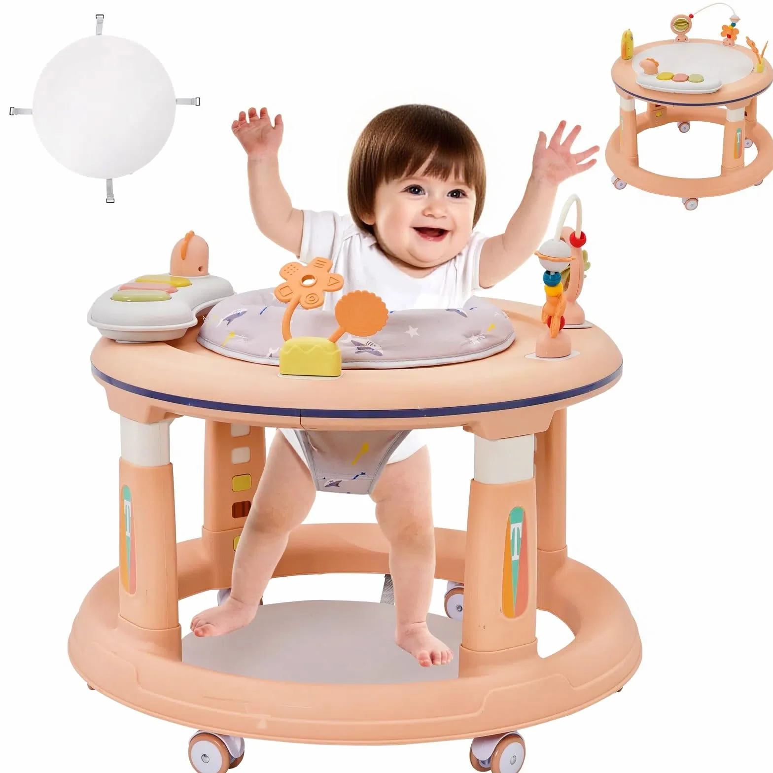 Bébé Trotteur 3 en 1 Marcheur Table d'étude Sauteur Réglage Hauteur 5 Niveaux Anti-O-Legs Roues Silencieuses 360° Rose