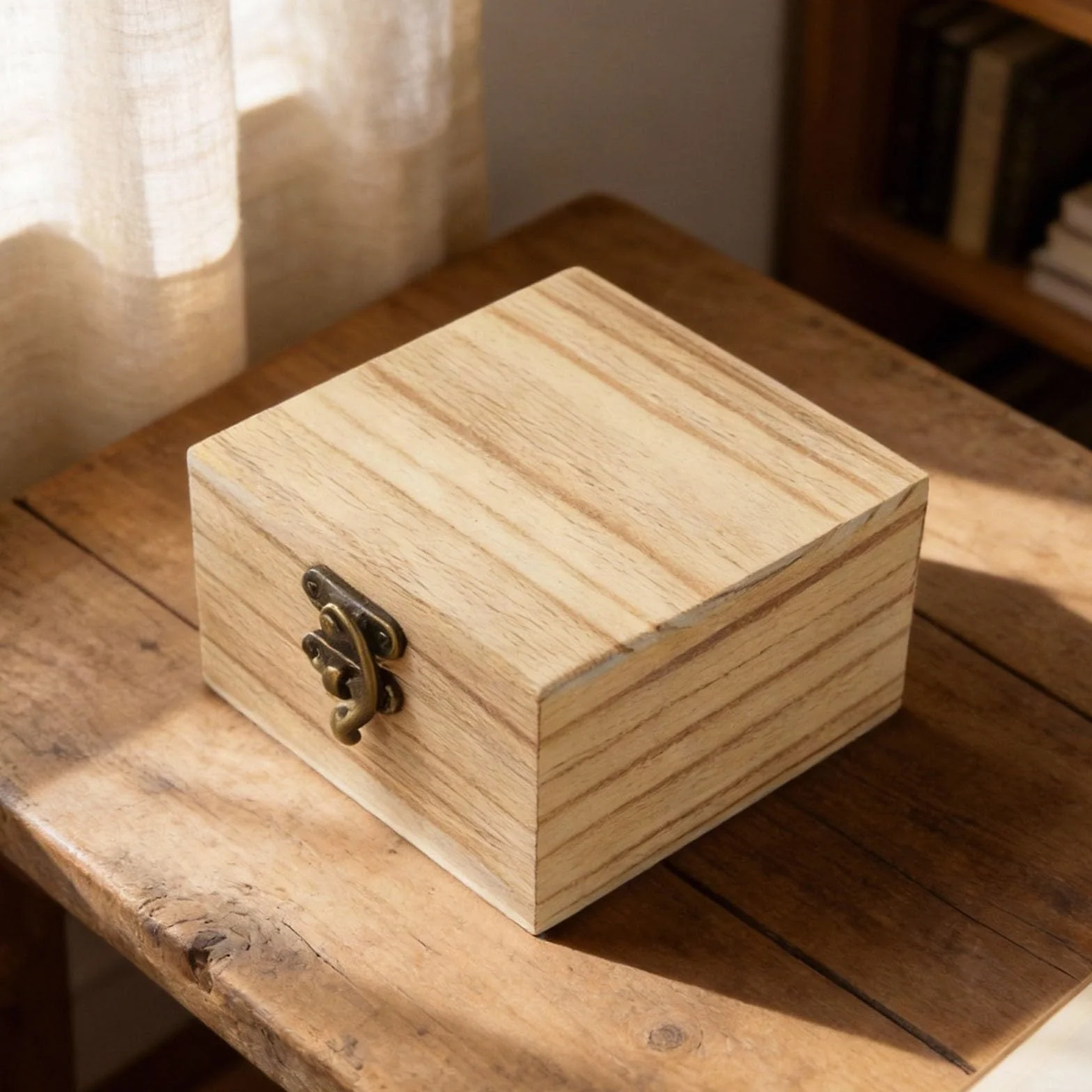 Boîte de rangement vintage en bois de paulownia carrée avec serrure métal 10x10x6 cm