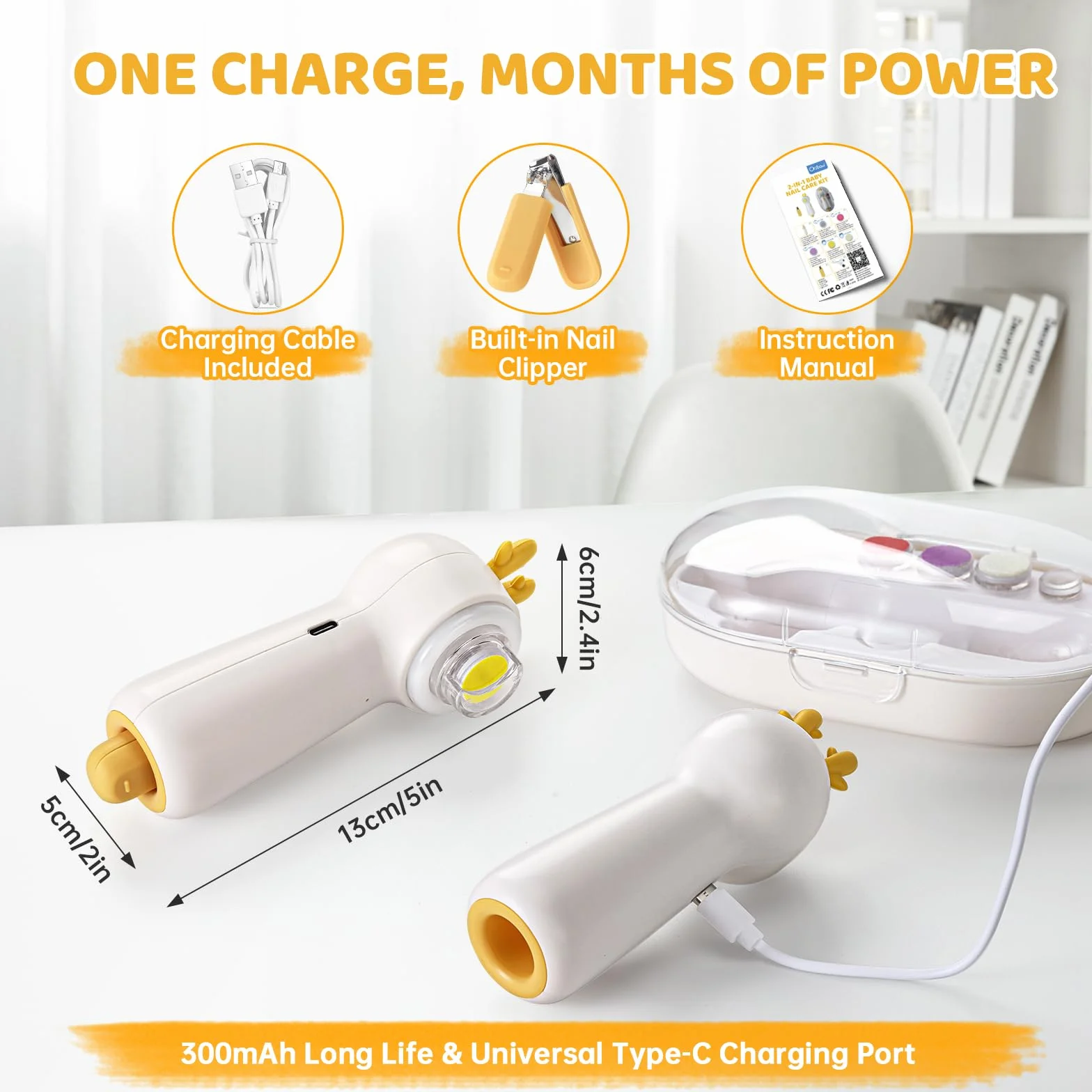 Lime à Ongle Électrique Bébé Rechargeable avec Coupe Ongle, 5 Têtes de Ponçage, Illuminé, Faible Bruit