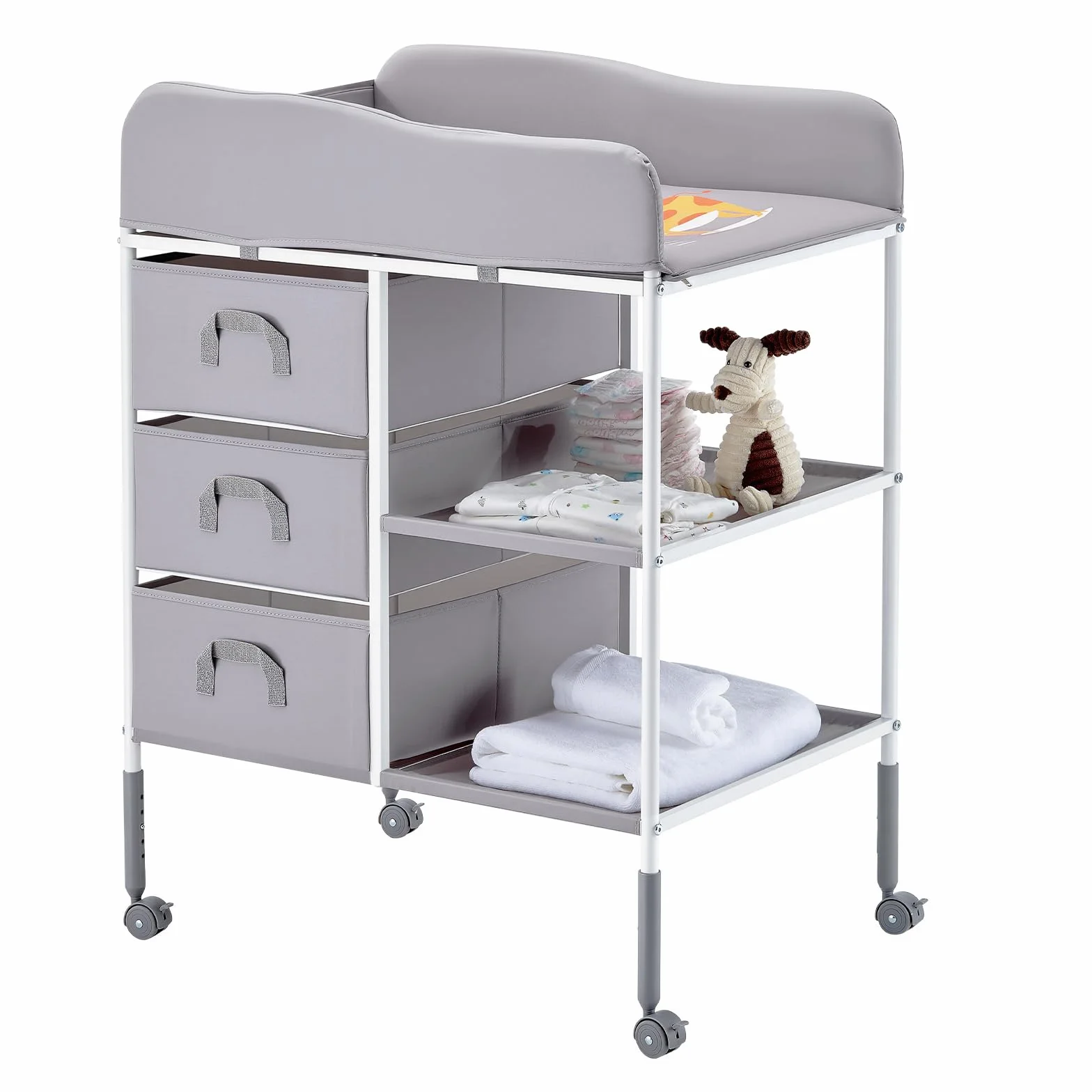 VEVOR Table à Langer Portable avec 3 Tiroirs en Tissu et Roulettes Verrouillables, Meuble pour Bébés Multifonctionnel, Hauteur Réglable, Gris