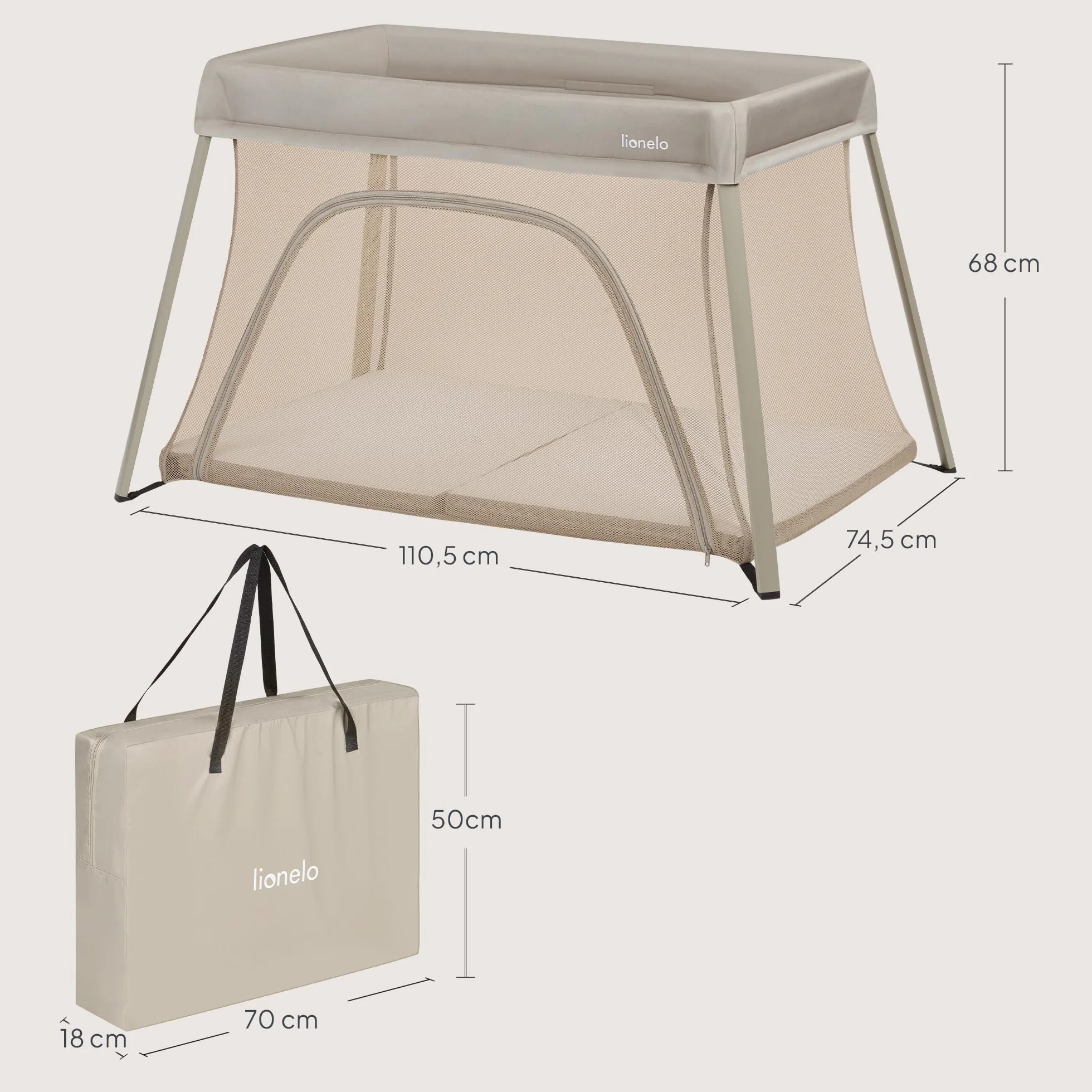 Lionelo Lit de Voyage Bébé Parc Enfant 3en1 Alice 0-15 kg Matelas Mousse 2 Niveaux Hauteur Pliable Léger Entrée Latérale Sac Voyage Beige