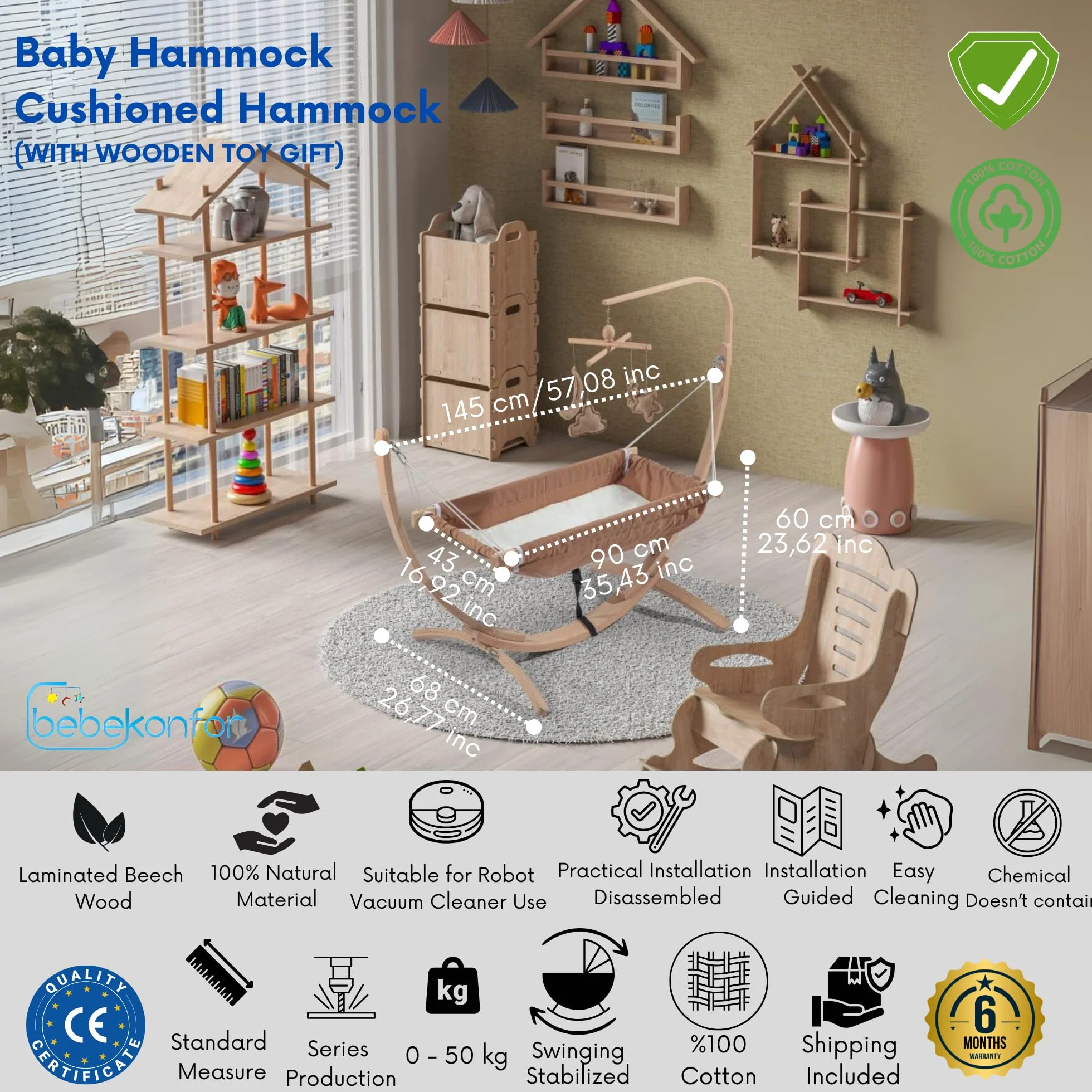Hamac chaise longue suspendue ergonomique avec structure en bois, confortable, portable, design moderne pour intérieur et balcon