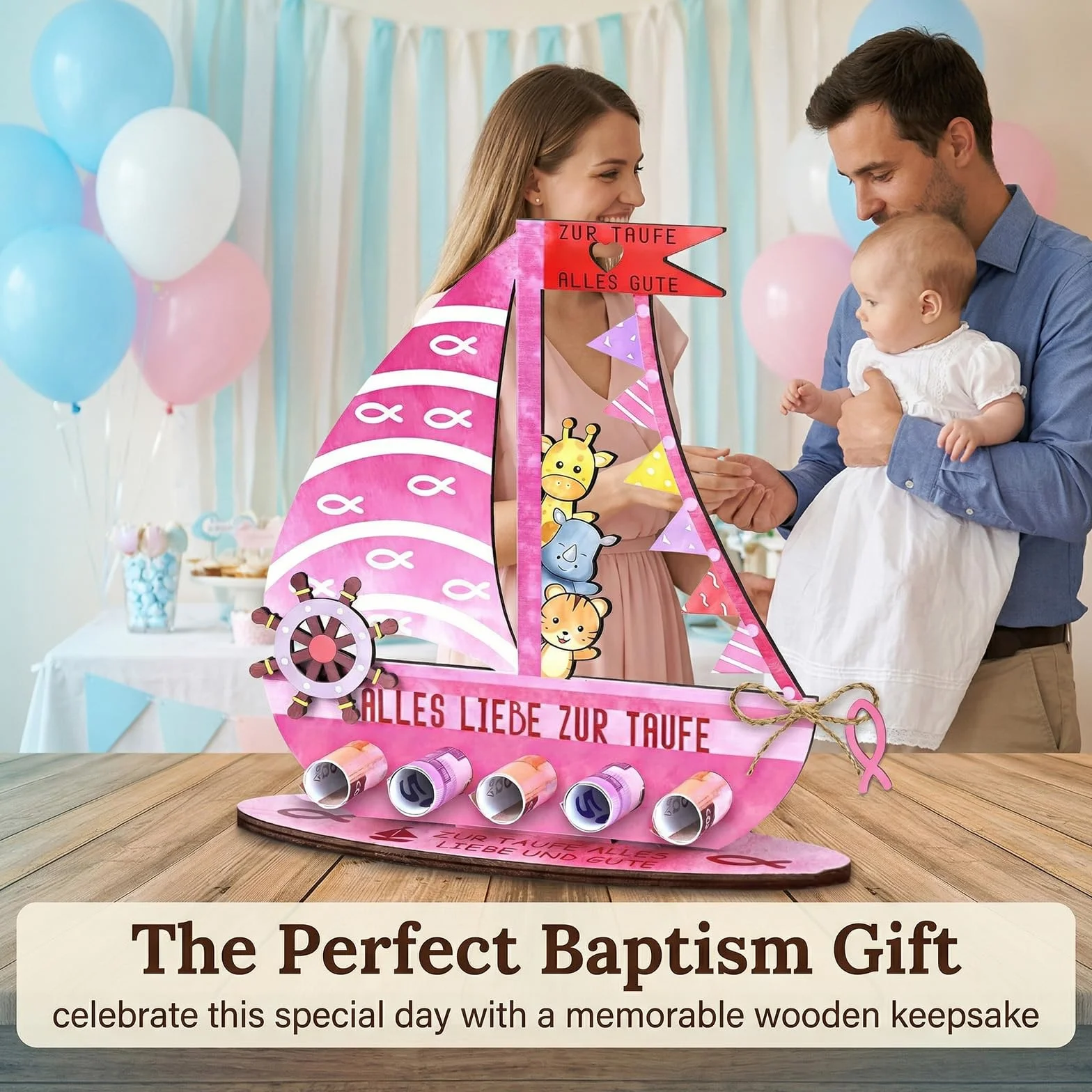 Cadeau Baptême Fille en Bois, Arche de Noé Rose, Souvenir Communion Anniversaire Baby Shower