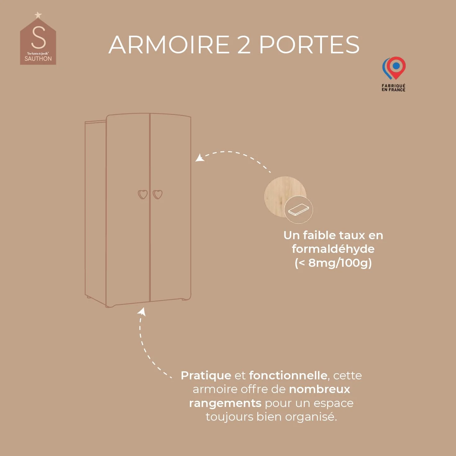 Armoire Enfant Meuble Rangement 2 Portes 85 x 175 x 56 cm Fabriqué en France Sauthon