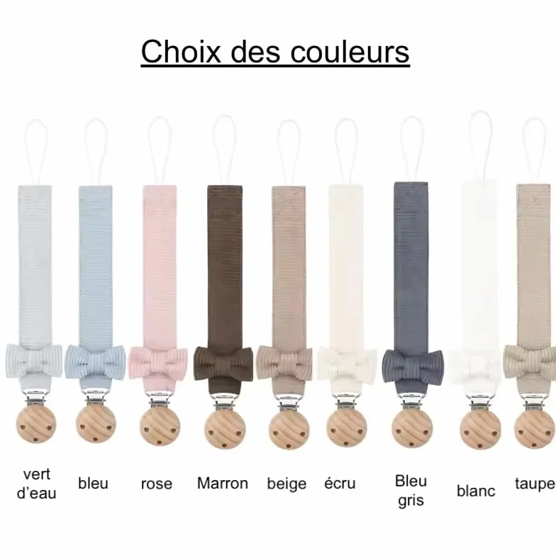 Attache tétine personnalisé prénom fille garçon velours noeud bois cadeau naissance