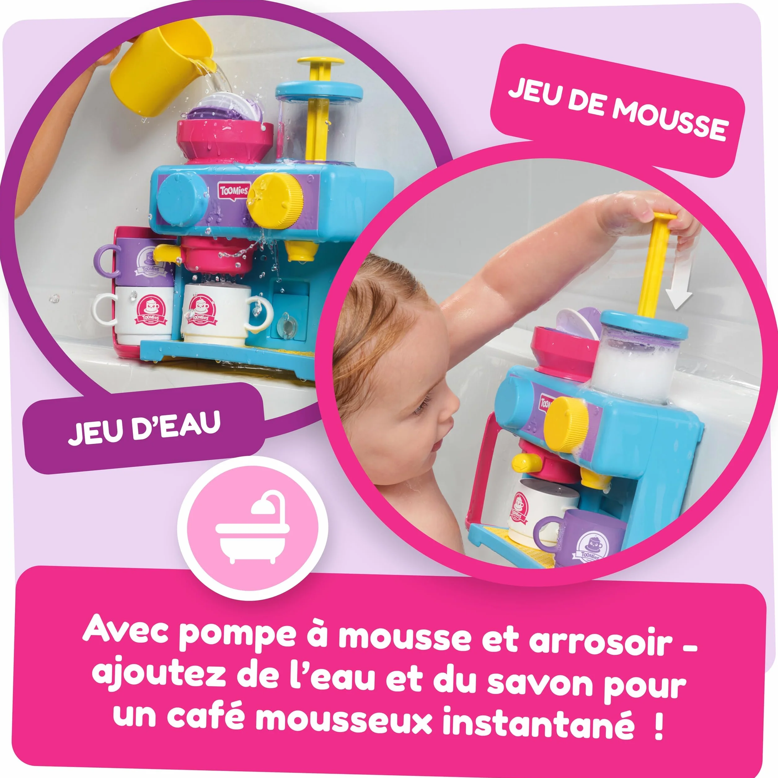 TOMY Toomies Machine à café pour le bain - Jouet de bain bébé avec 3 tasses, 1 pot et 1 shaker - À partir de 18 mois