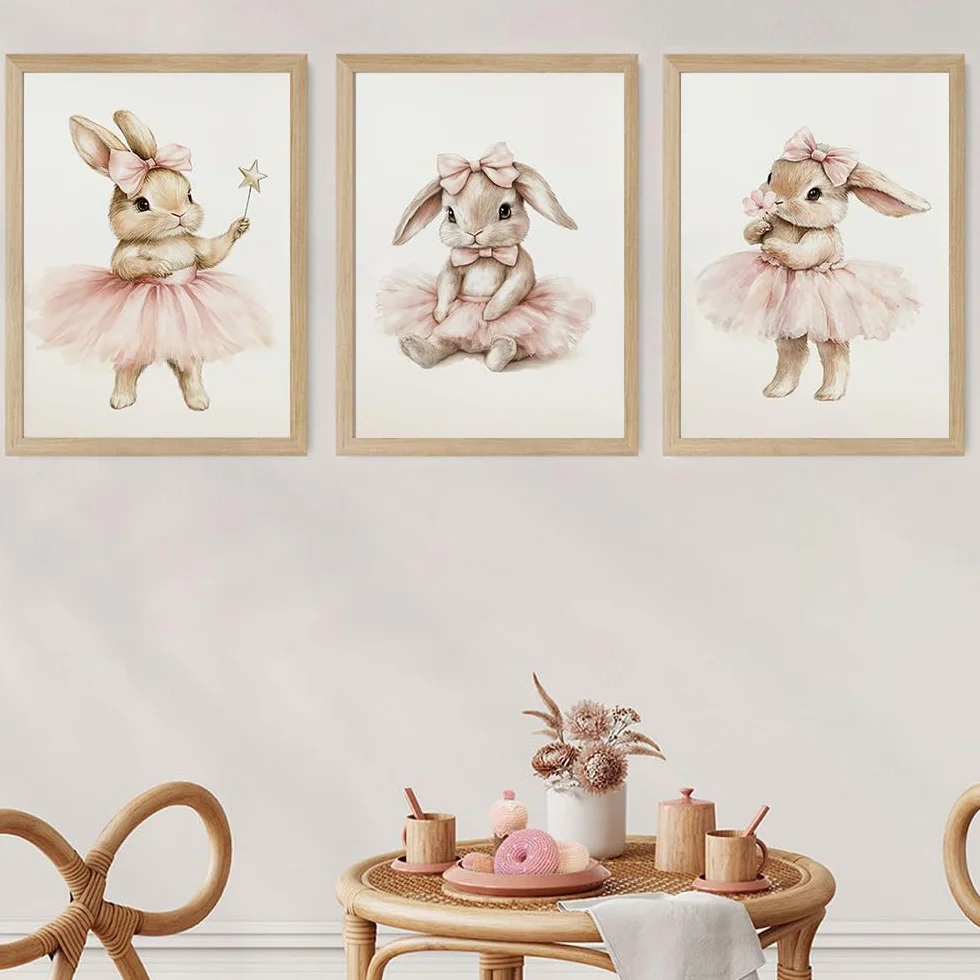 Affiche Lapin Chambre Fille 30x40cm Poster Boho Deco Chambre Enfant Rose Poudré Toile Sans Cadre