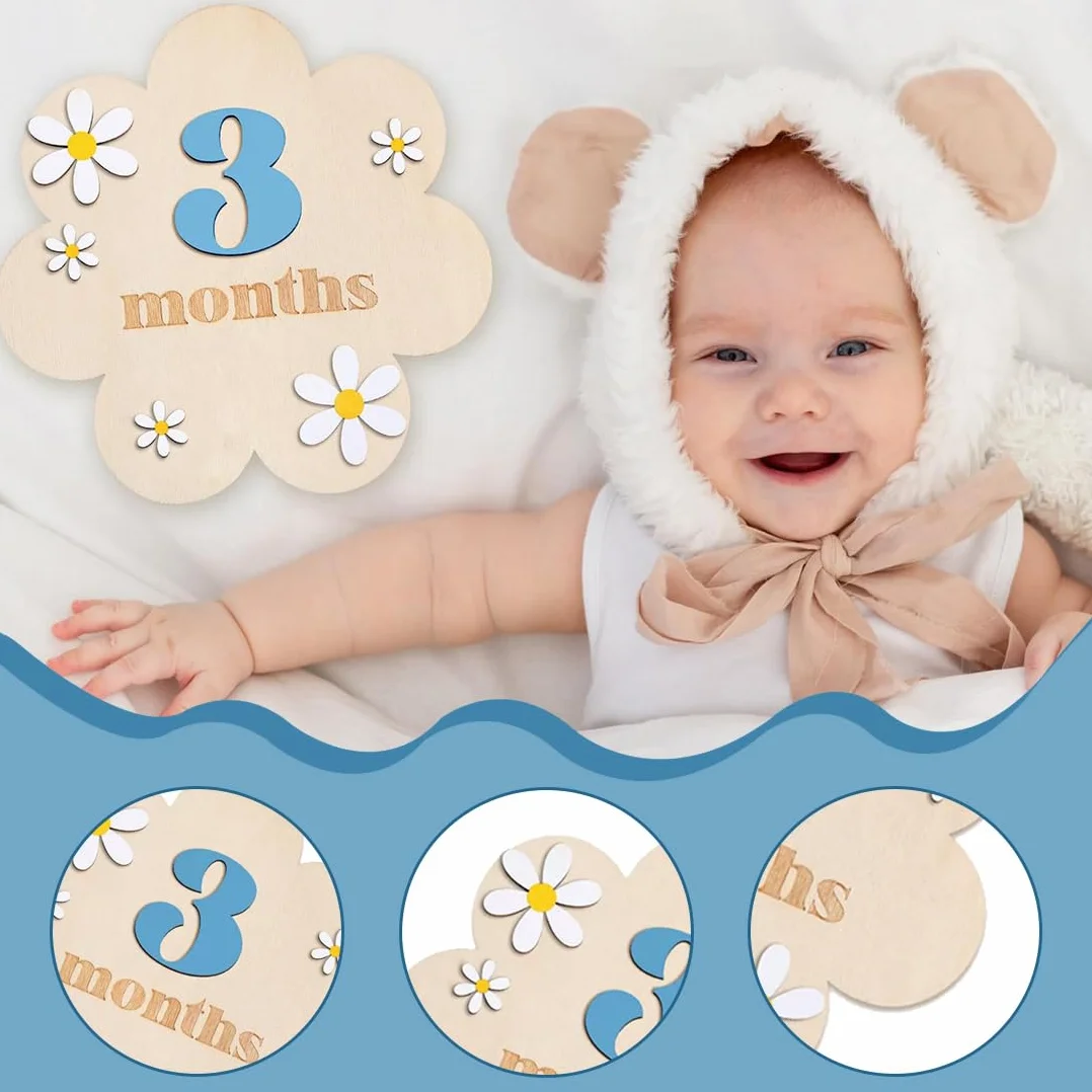 Étapes Bébé en Bois, Cartes Mensuelles Floral, Accessoires Photo 0-12 Mois, Enregistrement Croissance