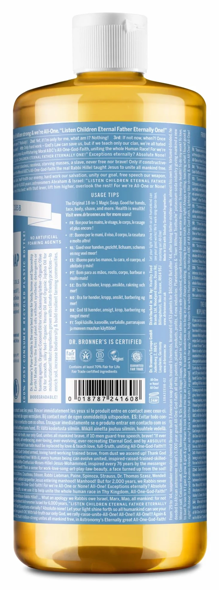 Dr. Bronner's Savon Liquide Bio Sans Parfum 945 ml 18-en-1 Multiusage Corps Visage Cheveux