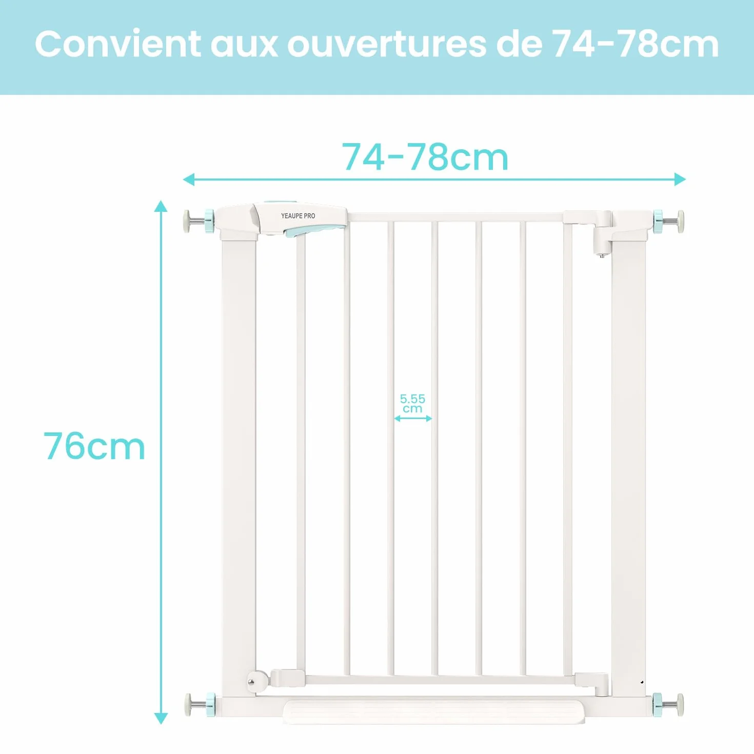YEAUPE PRO Barrière de Sécurité Enfant 74-78 cm, Barrière Escaliers Portes Pression, Double Verrouillage, Blanc