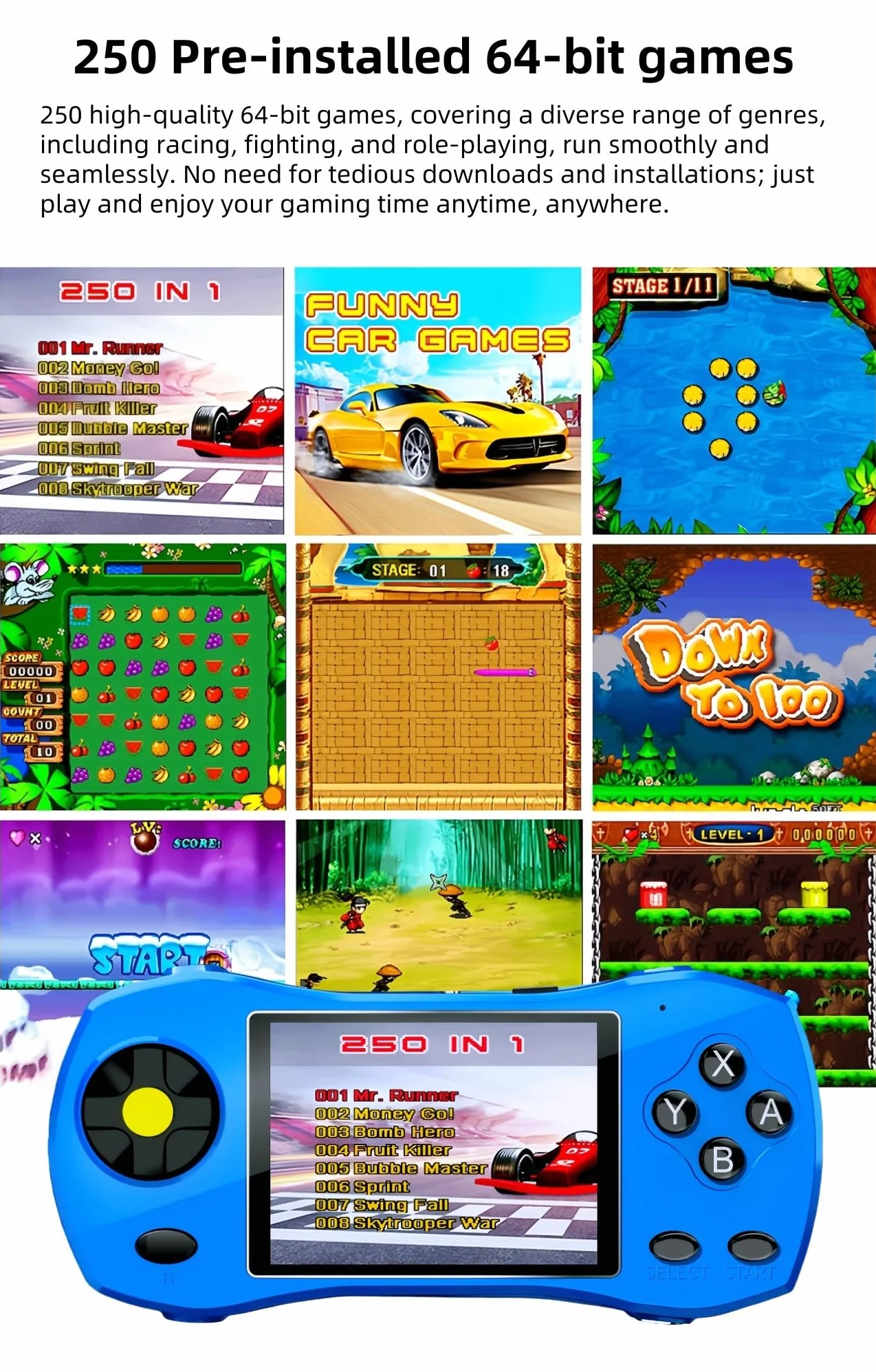 JXD 3.0" Console de Jeu Vidéo Portable 64 Bits 250 Jeux Préinstallés Connectable à la Télévision