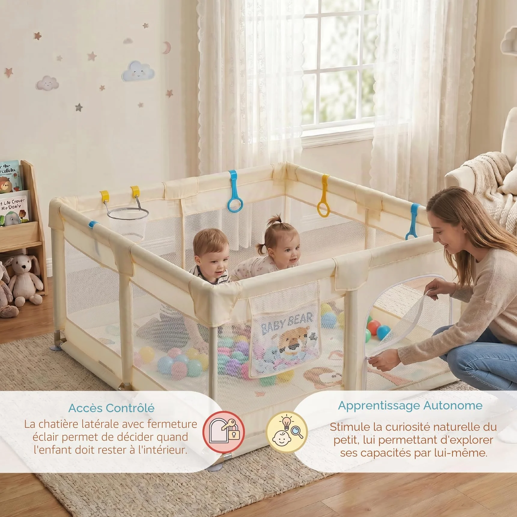 Buddy Baby Park Parc Enfant Bébé 120x120cm Pliable avec Maille Respirante Porte Latérale Vanille