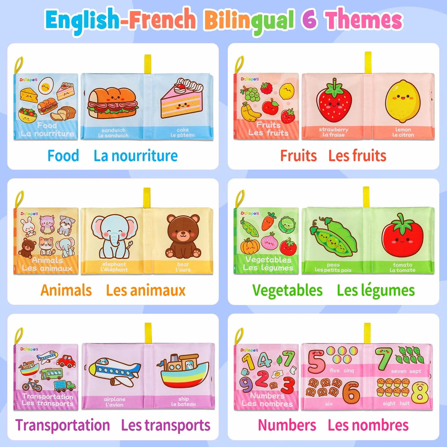 Dr.Rapeti Lot de 6 Livre Bebe en Tissu Doux Français, Livres d'Éveil, Jouet Éducatif Sonore, Livre Sensoriel