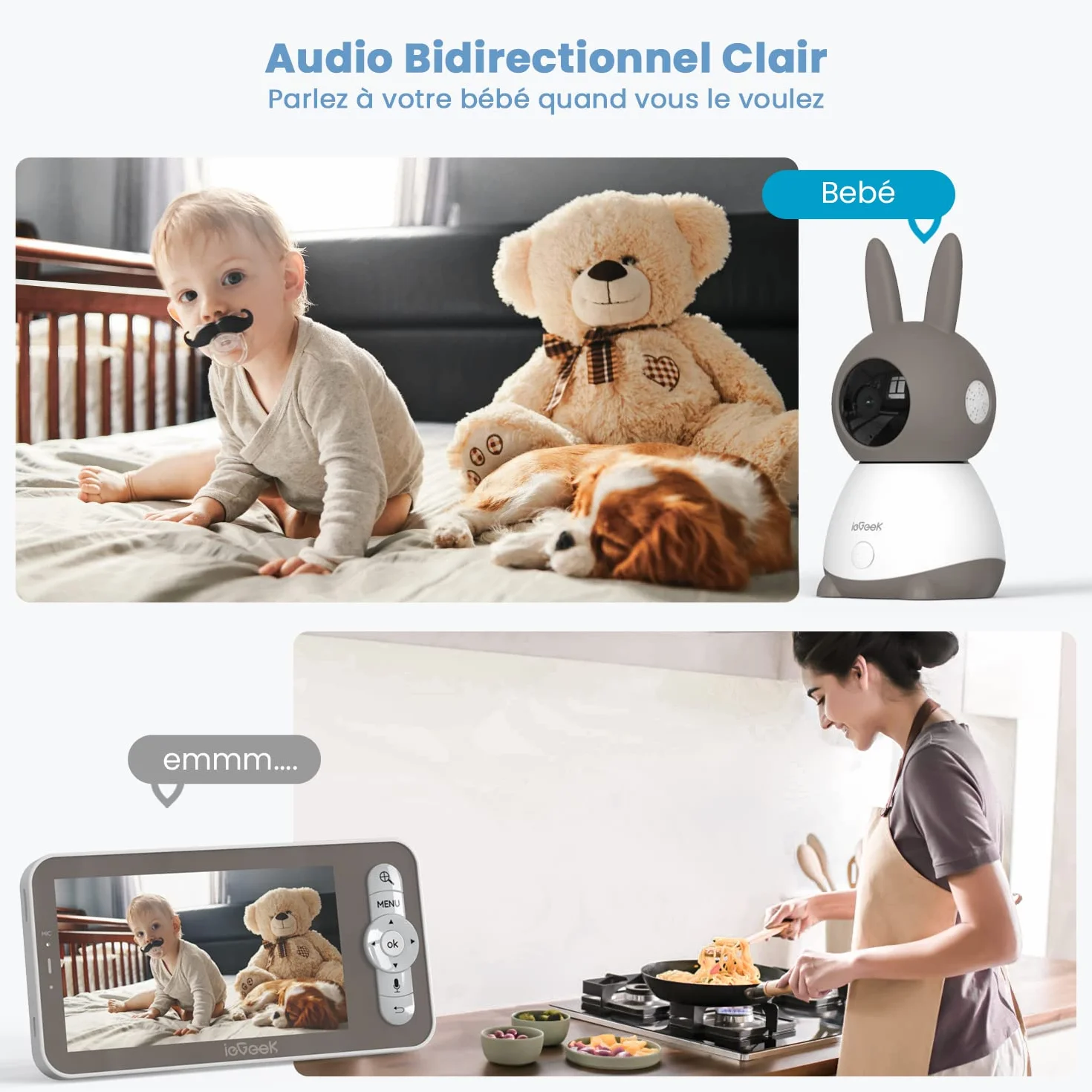 ieGeek Babyphone Vidéo Bébé 5" Écran 2 Caméras 2K PTZ 360° APP 2.4GHz sans WiFi Détection de Cris Mouvement Température Humidité Vision Nocturne