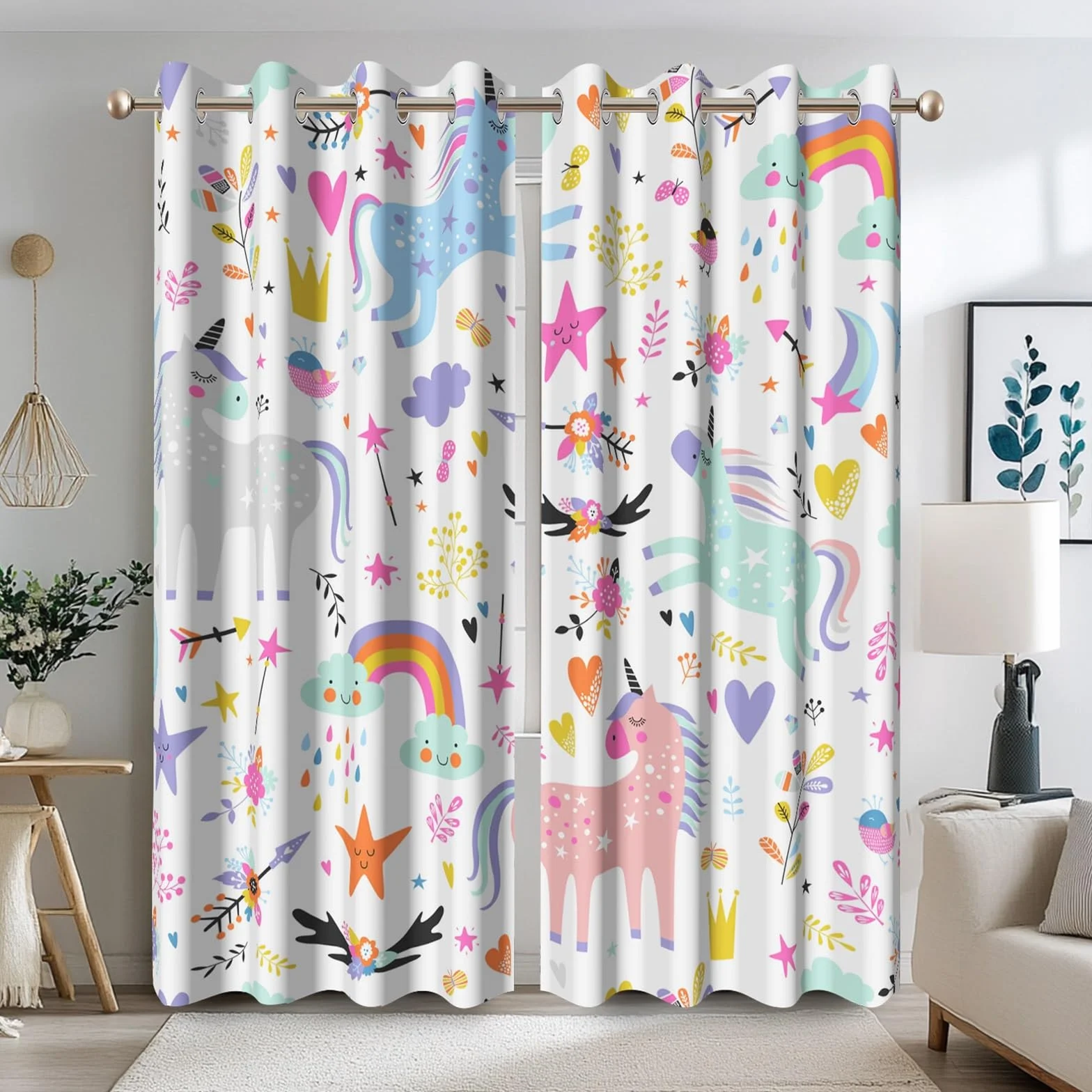 Rideau occultant arc-en-ciel nuage pour chambre d'enfants 135x245cm 2 panneaux