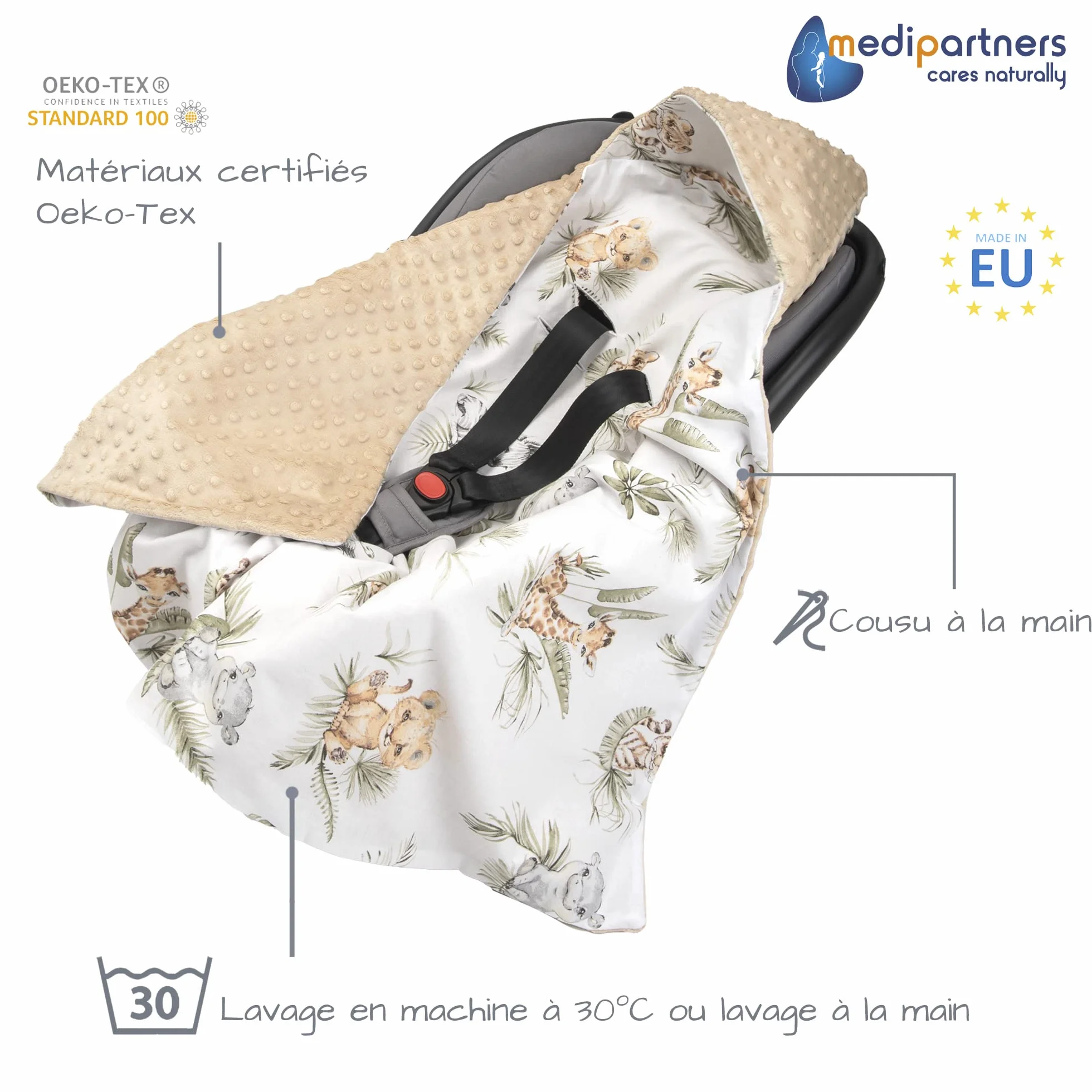 Couverture enveloppante Bébé Siège Auto 85x85cm Oeko-Tex Nid d'Ange Safary Minky Beige