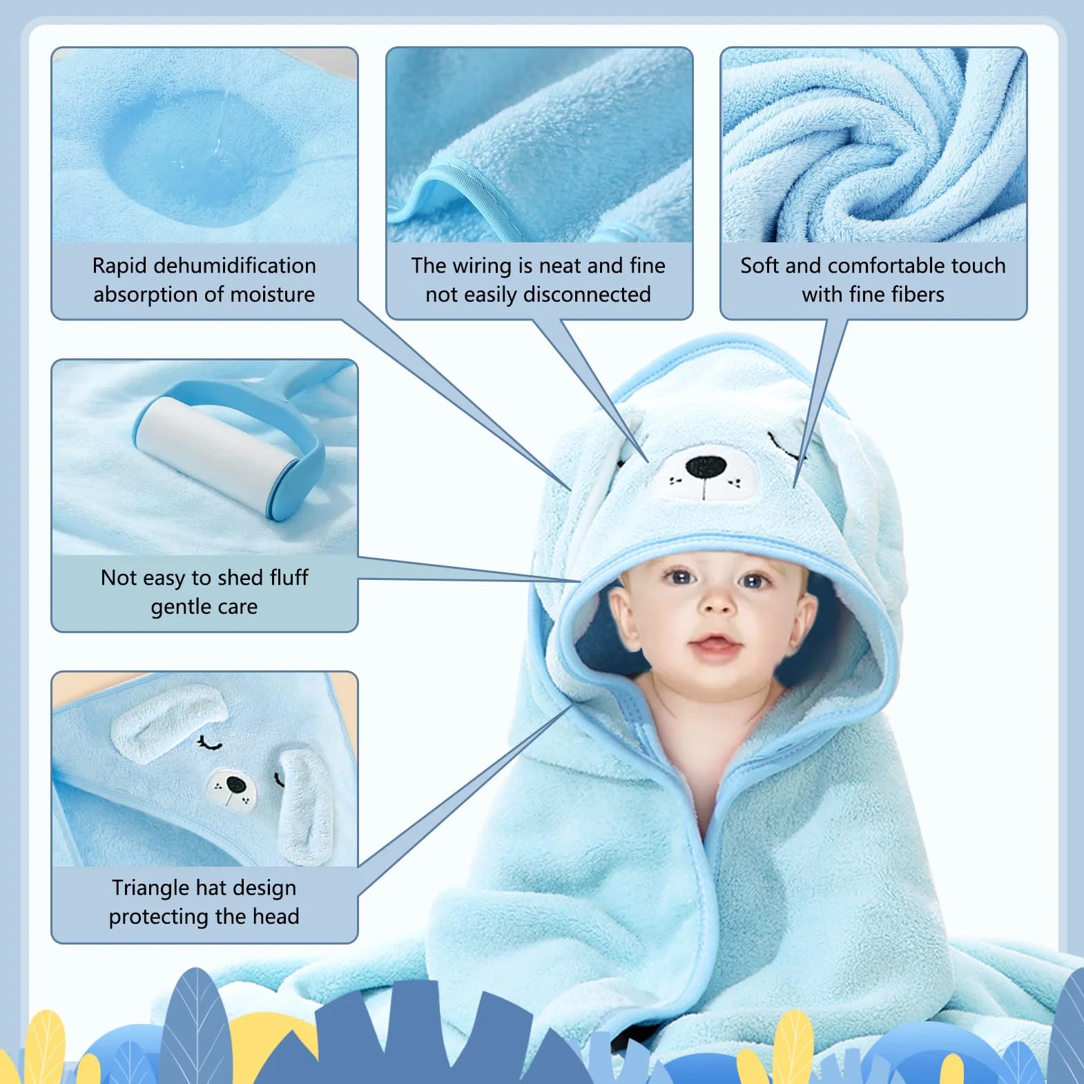 Serviette de Bain Capuche Bébé 80 x 80 cm Bleu et Blanc Design Animal