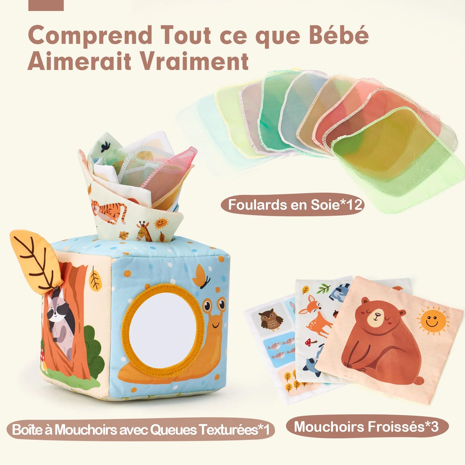 hahaland Jouet Bébé Boîte à Mouchoirs Sensoriels Montessori avec Papiers Froissés et Miroir, Cadeau pour Fille Garçon 3-12 Mois