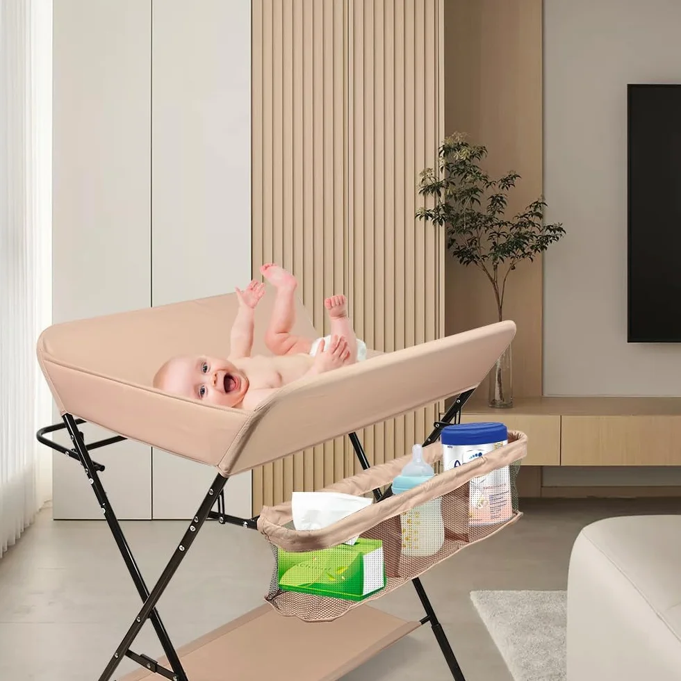 Table à Langer Pliante Amovible avec Roulettes et Panier de Rangement, Hauteur Réglable pour Bébé 80x66x98cm Rose Clair