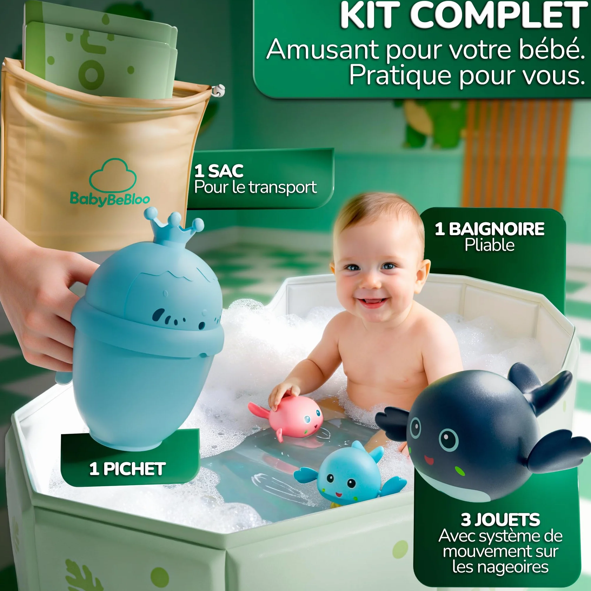Kit baignoire pliable enfant avec accessoires antidérapante portable xxl