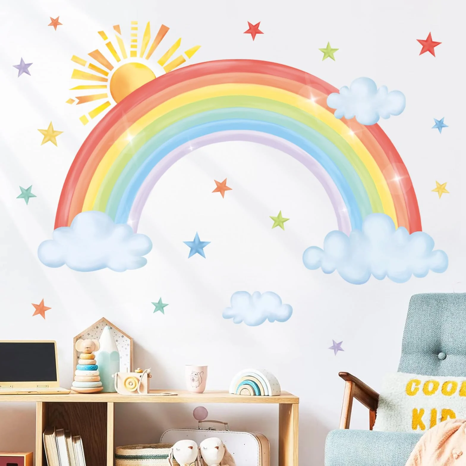 Stickers Muraux Arc en Ciel Grand Autocollant Mural Soleil Nuage Etoile Décoration Murale Chambre Enfants
