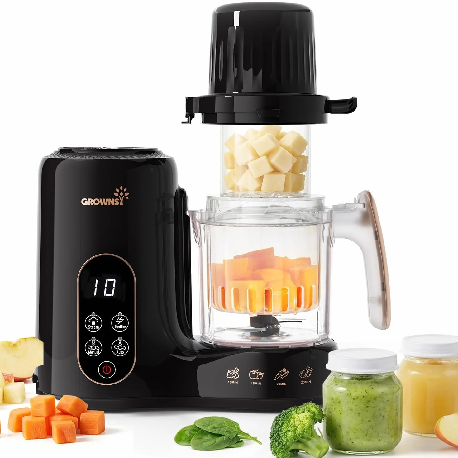 Grownsy Robot Cuiseur Bébé 6-en-1 Cuisson Vapeur Mixeur Stérilisation Réchauffage Décongélation Double Panier Vapeur Sans BPA