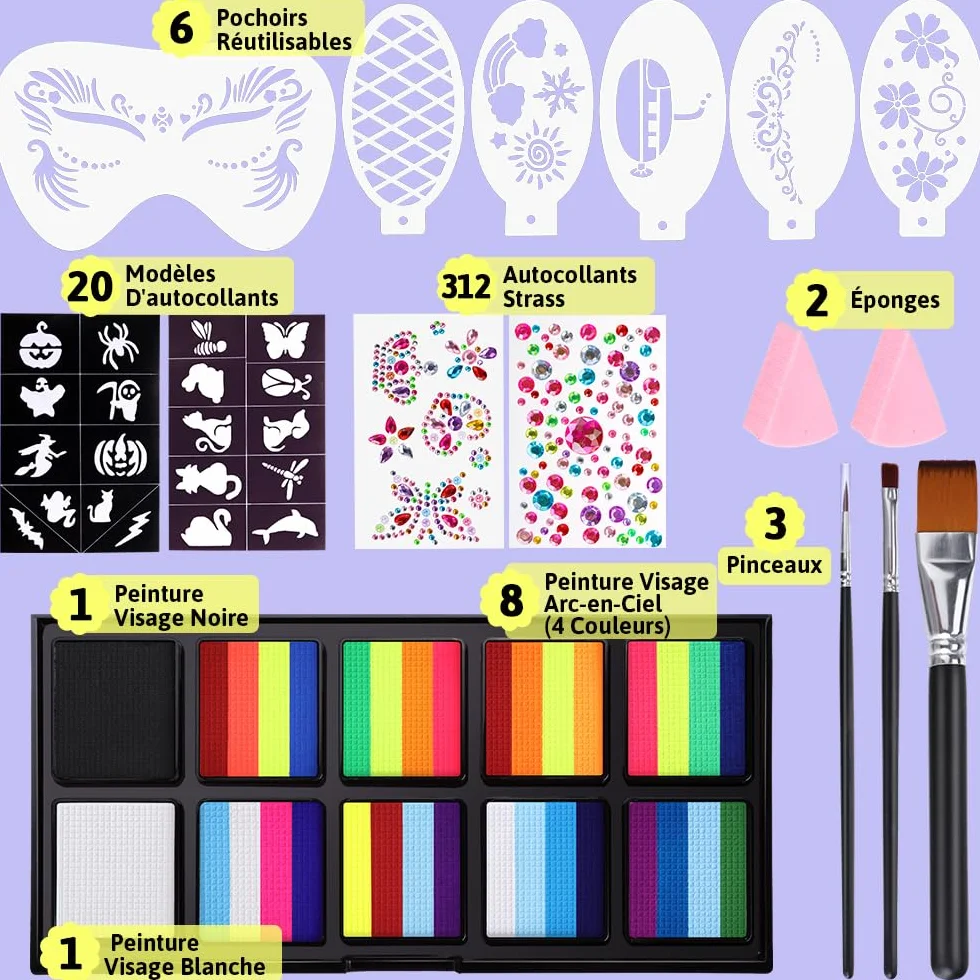 Janolia Palette Maquillage Enfant 34 Couleurs Fluorescents UV Peinture Visage avec 3 Pinceaux Kit Maquillage Carnaval Halloween