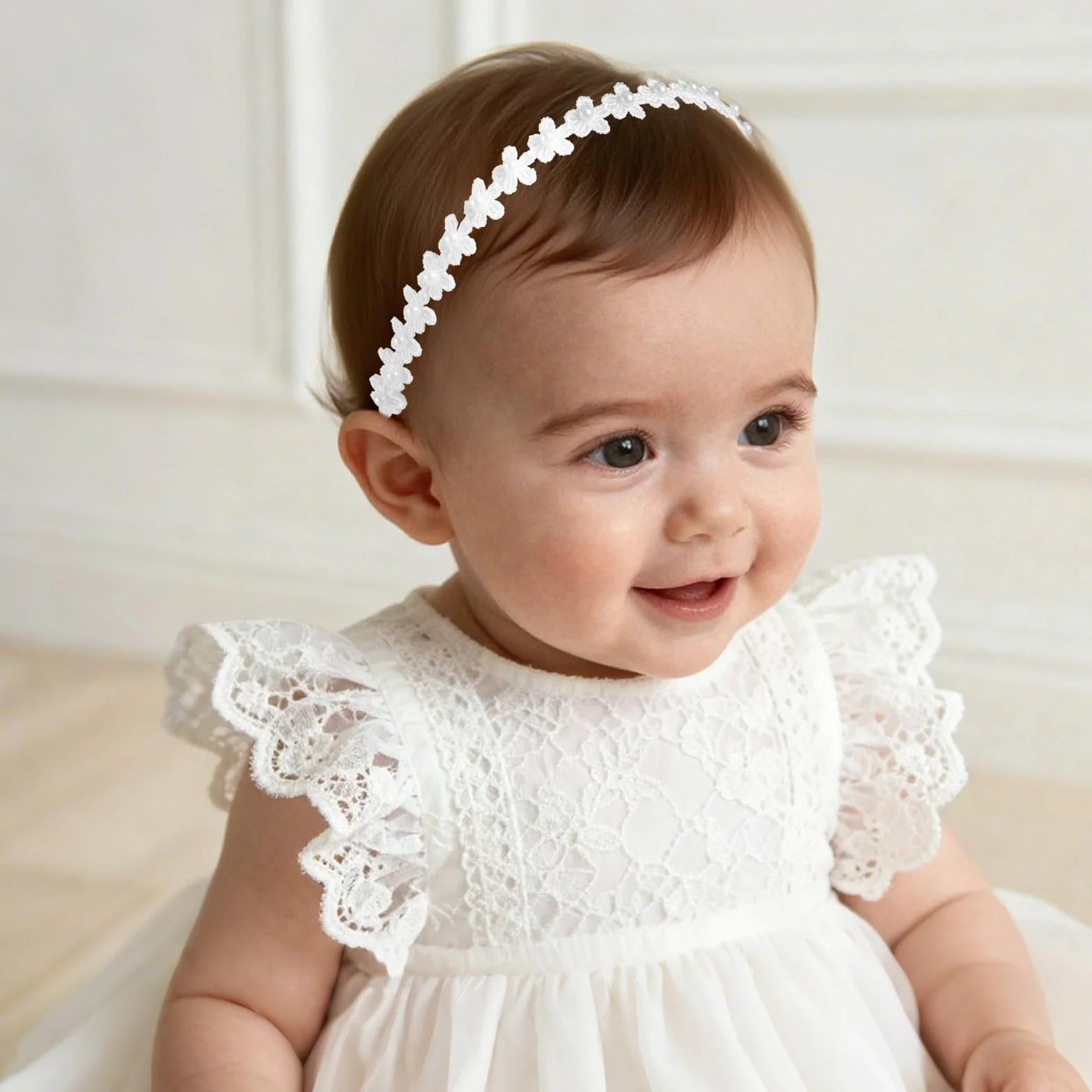 Bandeau Baptême Dentelle Réglable Blanc Perles Fleurs Accessoires Cheveux Filles Bébés