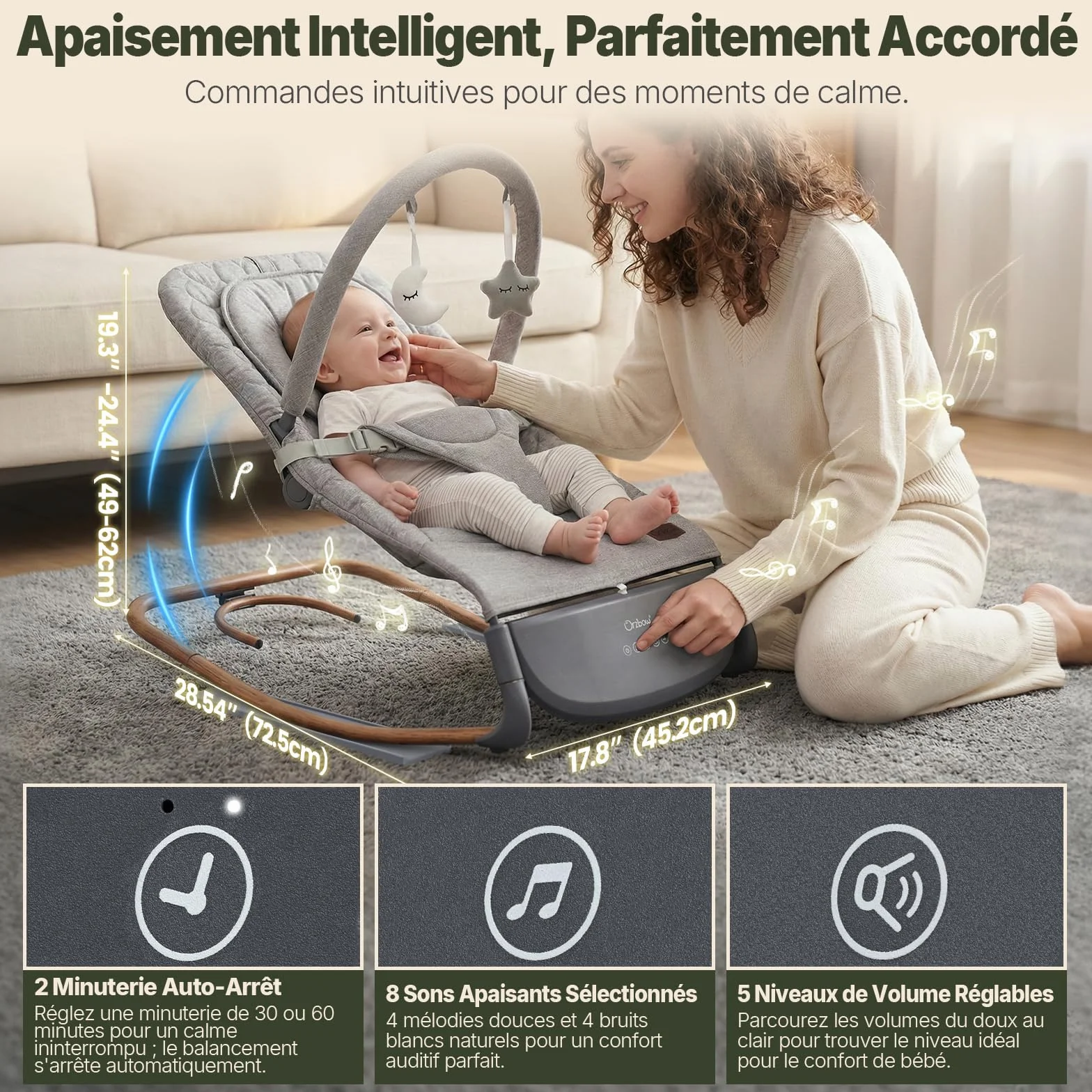 Balancelle Bebe Electrique Evolutif avec Capteur de Tapotement, 3 Vitesses, Panneau Tactile, 2 Modes Minuterie, 8 Berceuses, 0-12 Mois, 18 kg, Gris Perle