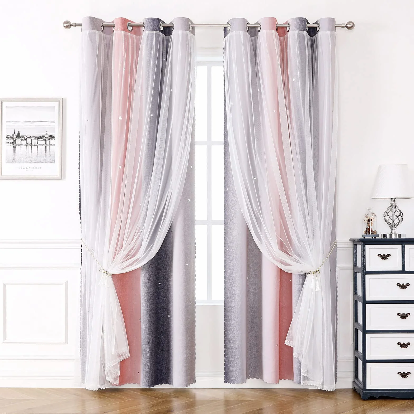 Rideaux Occultants Chambre Fille Double Couches Blanc Voilages Étoile Motif L132 H160 cm Rose Gris Lot de 2