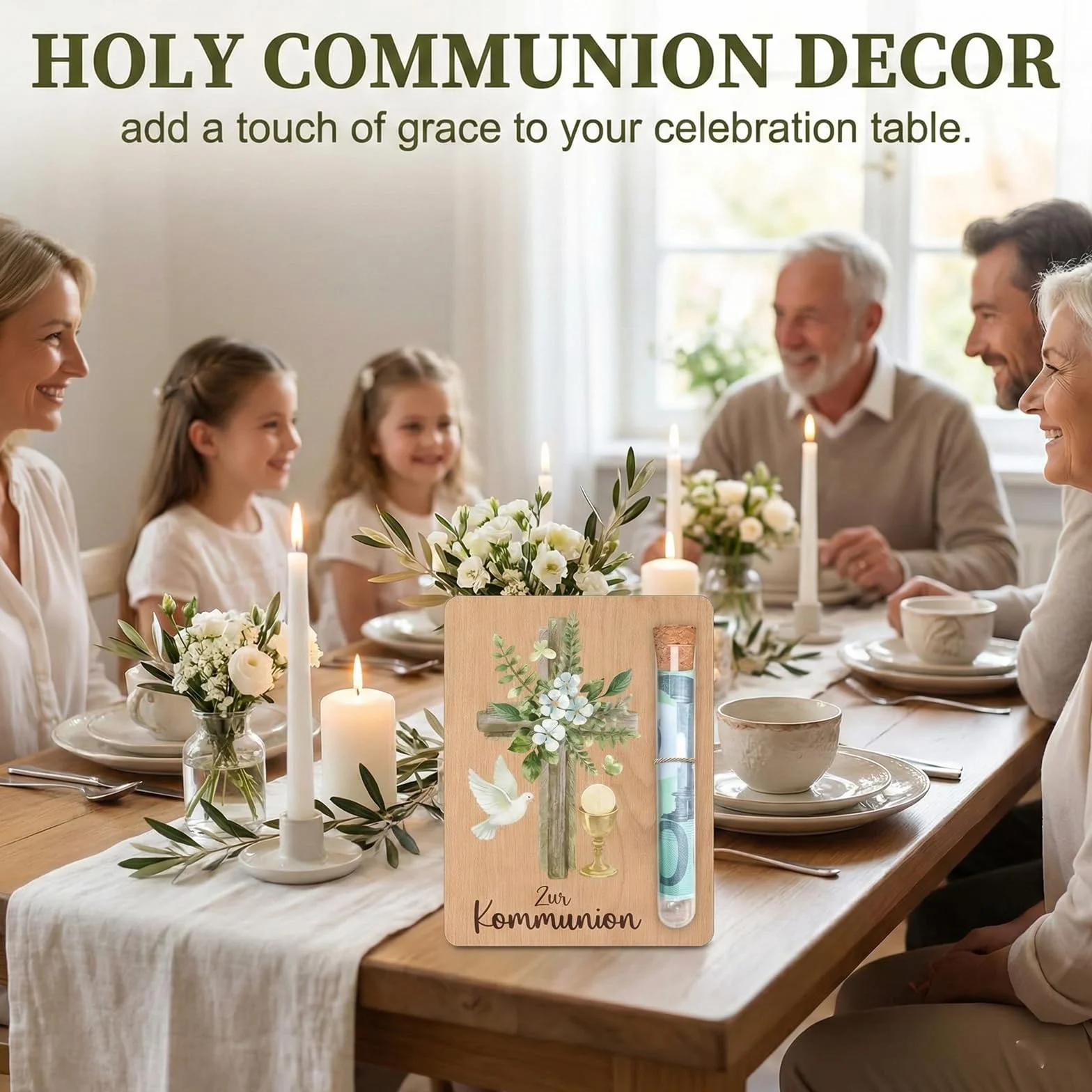 Carte en Bois Cadeau d’Argent Communion Motif Croix Colombe Tube à Essai Verre Boîte Cadeau Fille Garçon Confirmation