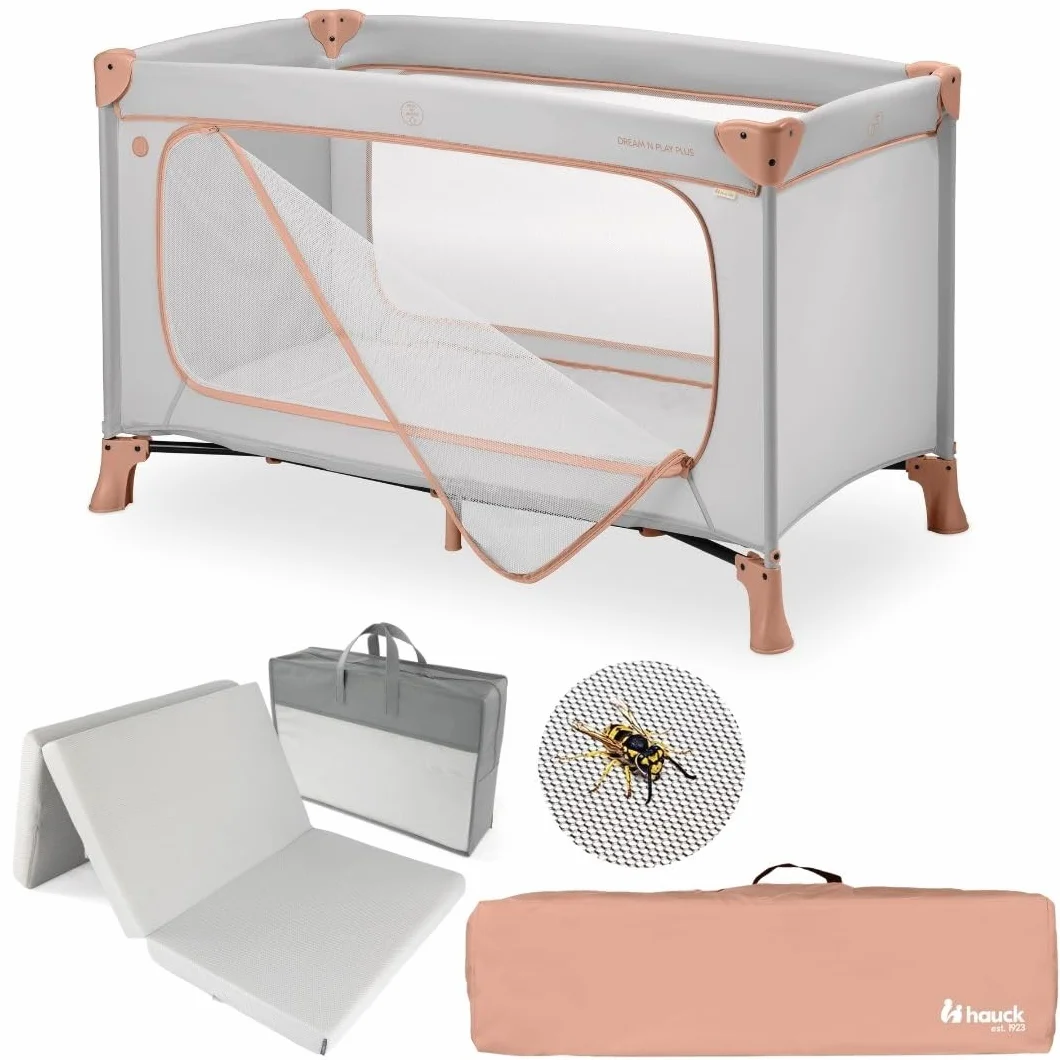 Hauck Dream N Play Plus Lit Parapluie Bébé Pliable avec Matelas, Moustiquaire, Sac de Transport – Dusty Cork