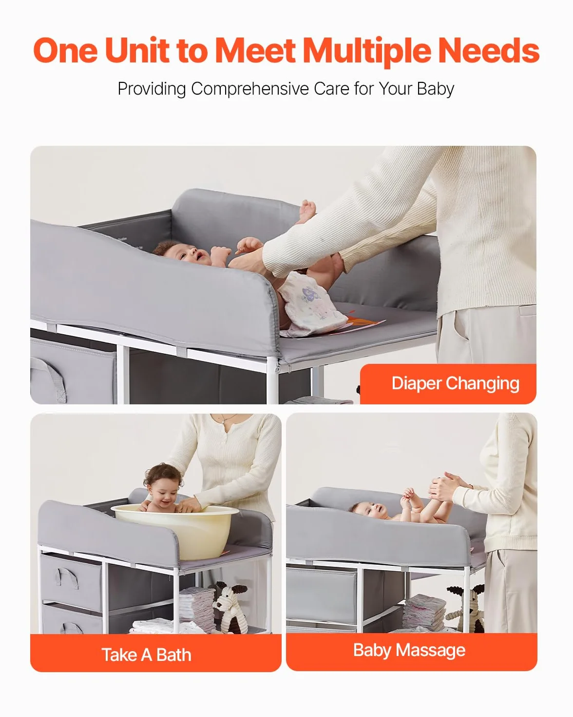 VEVOR Table à Langer Portable avec 3 Tiroirs en Tissu et Roulettes Verrouillables, Meuble pour Bébés Multifonctionnel, Hauteur Réglable, Gris