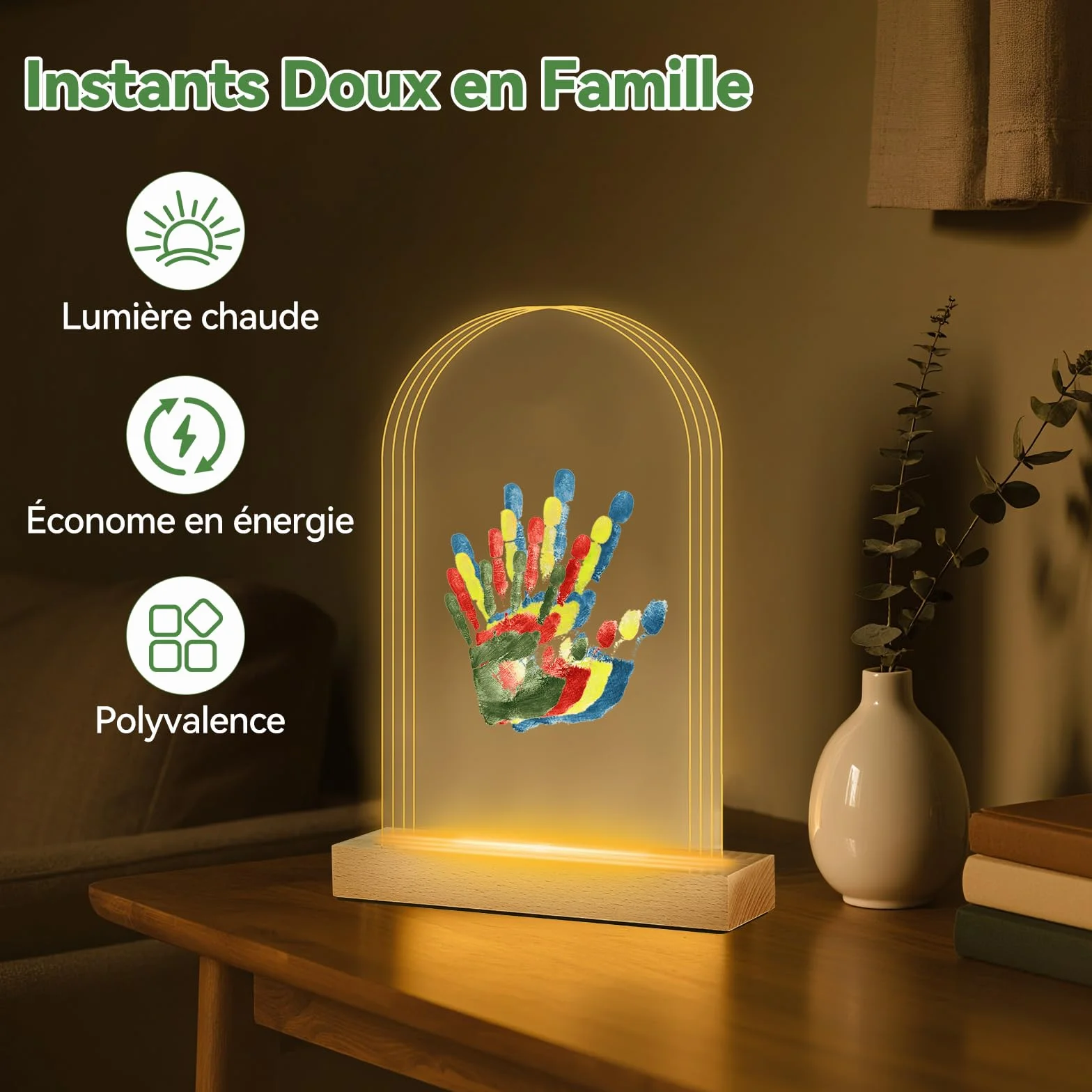 Empreinte Main Famille pour 4, Base en bois avec LED lumière, Cadre Empreintes Bebe Cadeau Fete des Meres