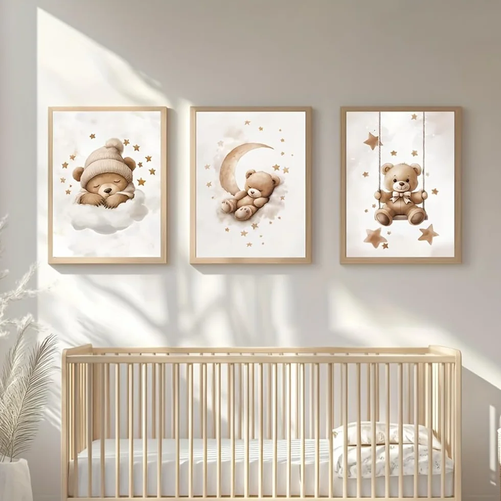 Affiche Ourson Chambre Bebe 30x40cm Poster Nounours Beige Tableau Decoration Murale Enfant Garcon Toile sans Cadre