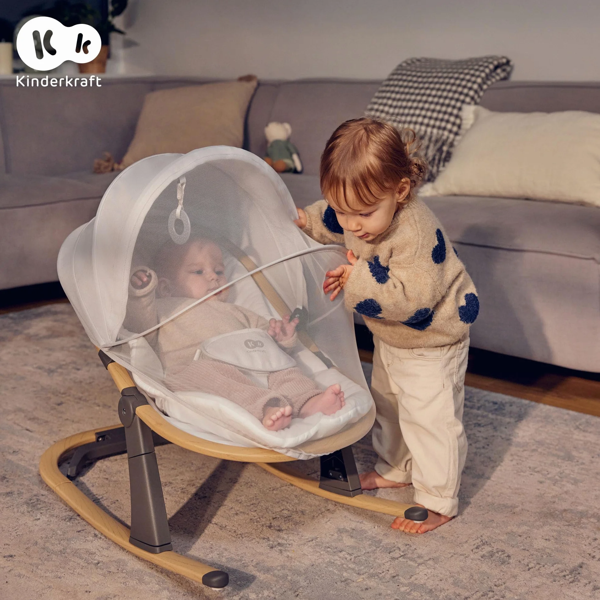 Kinderkraft ELSU Transat Bébé 2en1 évolutif 0-9kg Balancelle Moustiquaire Jouets Pliable Gris