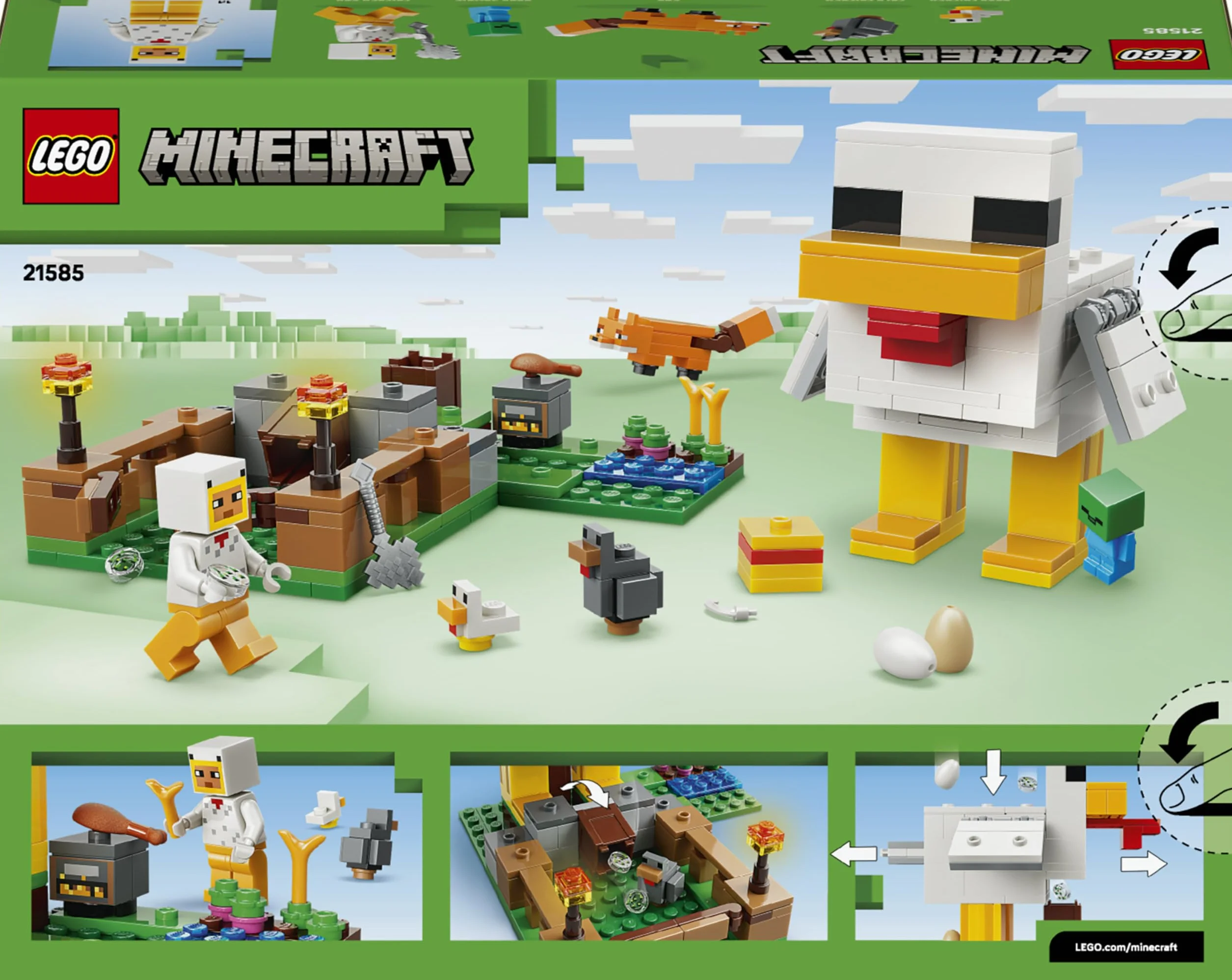 LEGO Minecraft La Ferme à Poulet Jouet de Construction avec Minifigurine Fan de Poule Figurines Mobs Bébé Zombie Renard Cadeau Gaming 7 Ans 21585