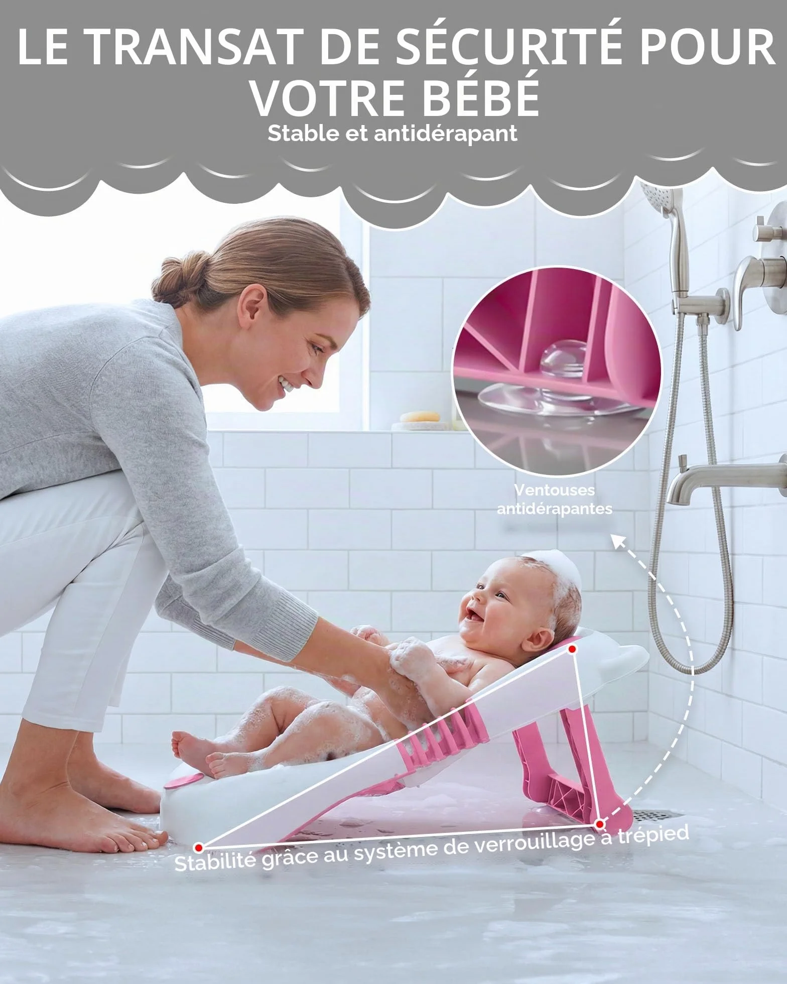 Baignoire pliable pour bébé avec support, siège de bain nouveau-nés, ventouses antidérapantes 0-6 mois