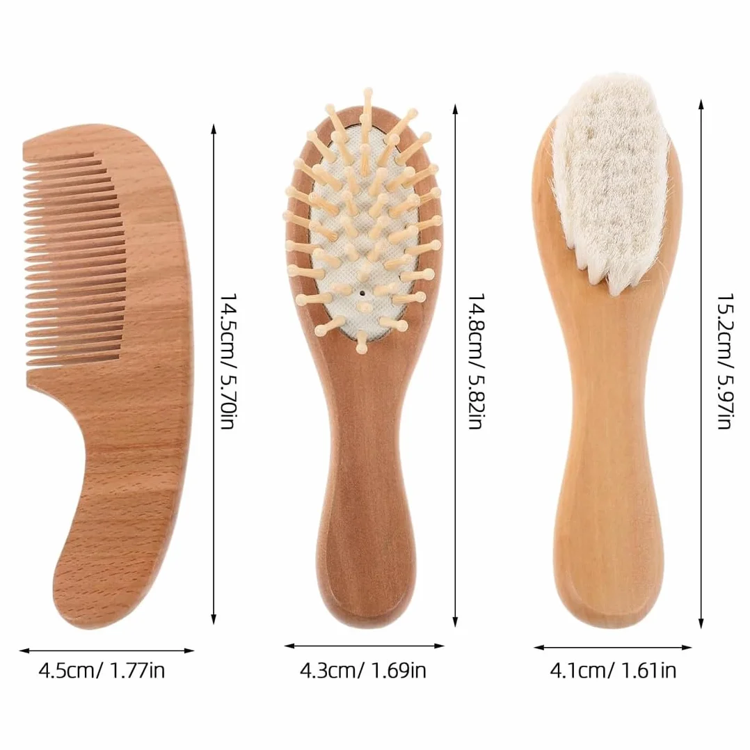 Brosse Cheveux Bébé 3 Pièces Bois Naturel Poils De Chèvre Doux 15Cm Longueur X 4Cm Largeur