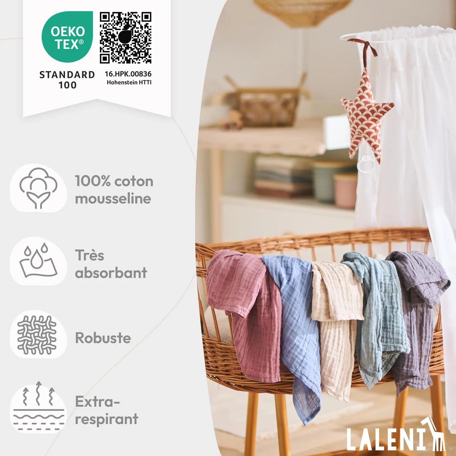 Laleni Lot de 5 langes bébé en pur coton 70x70 cm - Serviettes mousseline absorbantes lavables Beige