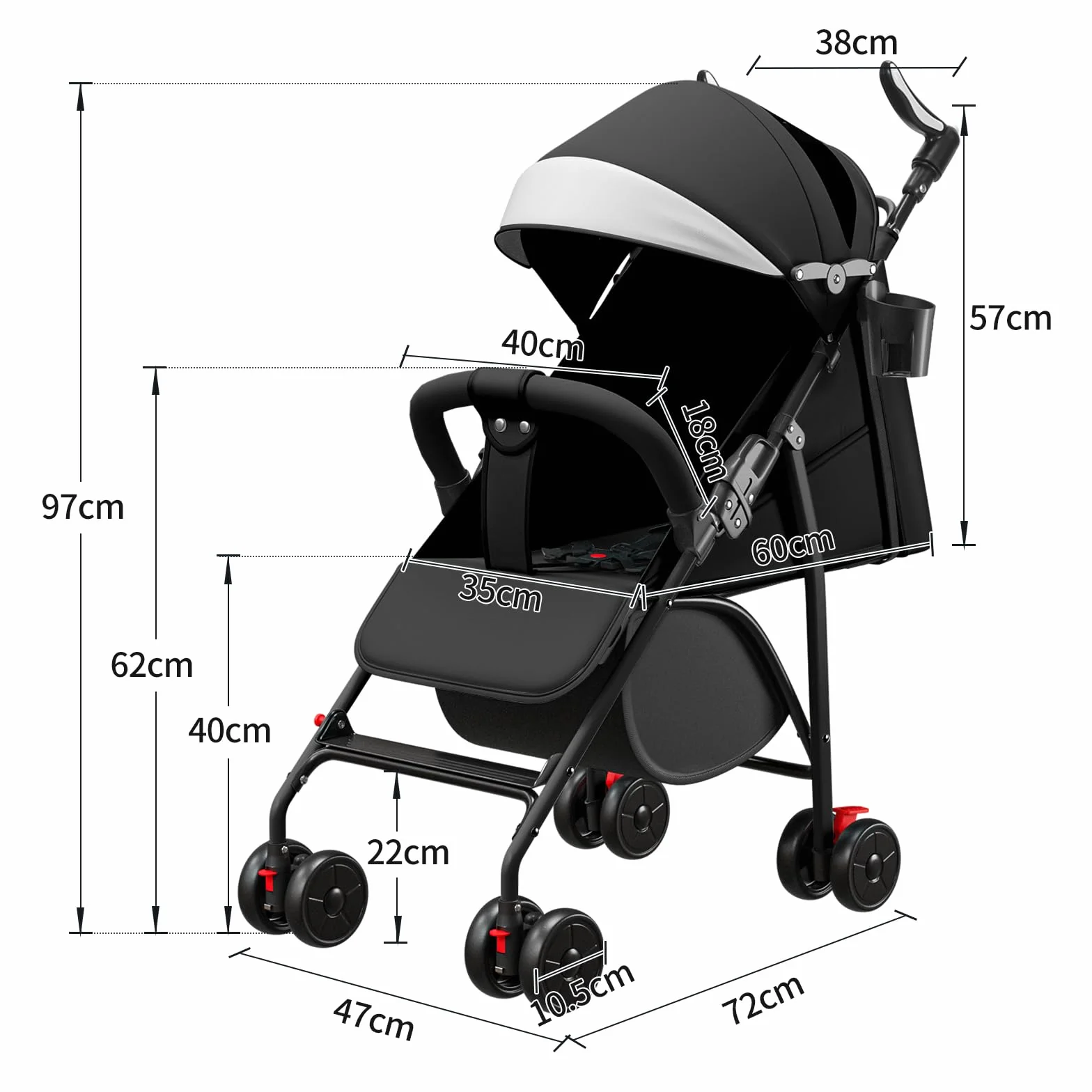 Poussette pliable multi-positions compacte légère siège réglable grand panier rangement matelas coton 0-4 ans noir