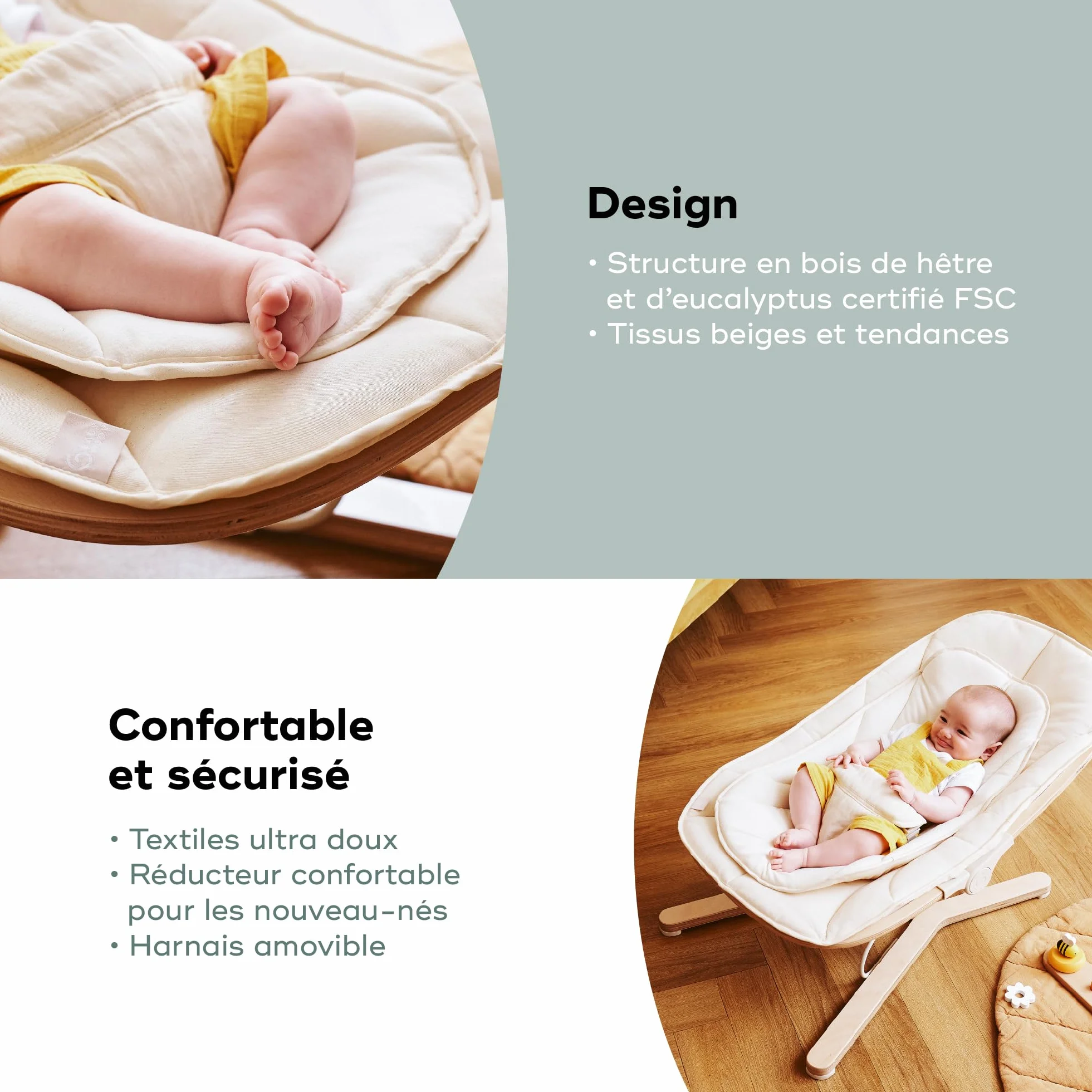 Babymoov Transat Bébé Bois Swoon Flow Évolutif Fauteuil Enfant 18kg Balancement Naturel 3 Positions Dossier Coton Bio Bois FSC