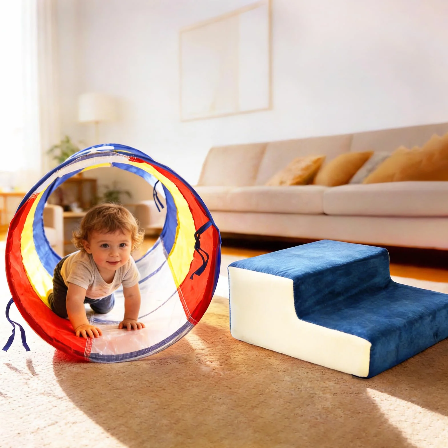 XIAPIA Lot de 6 Blocs de Construction en Mousse avec Tunnel de Jeu – Parcours Motricité – Toboggans d'intérieur Lavable