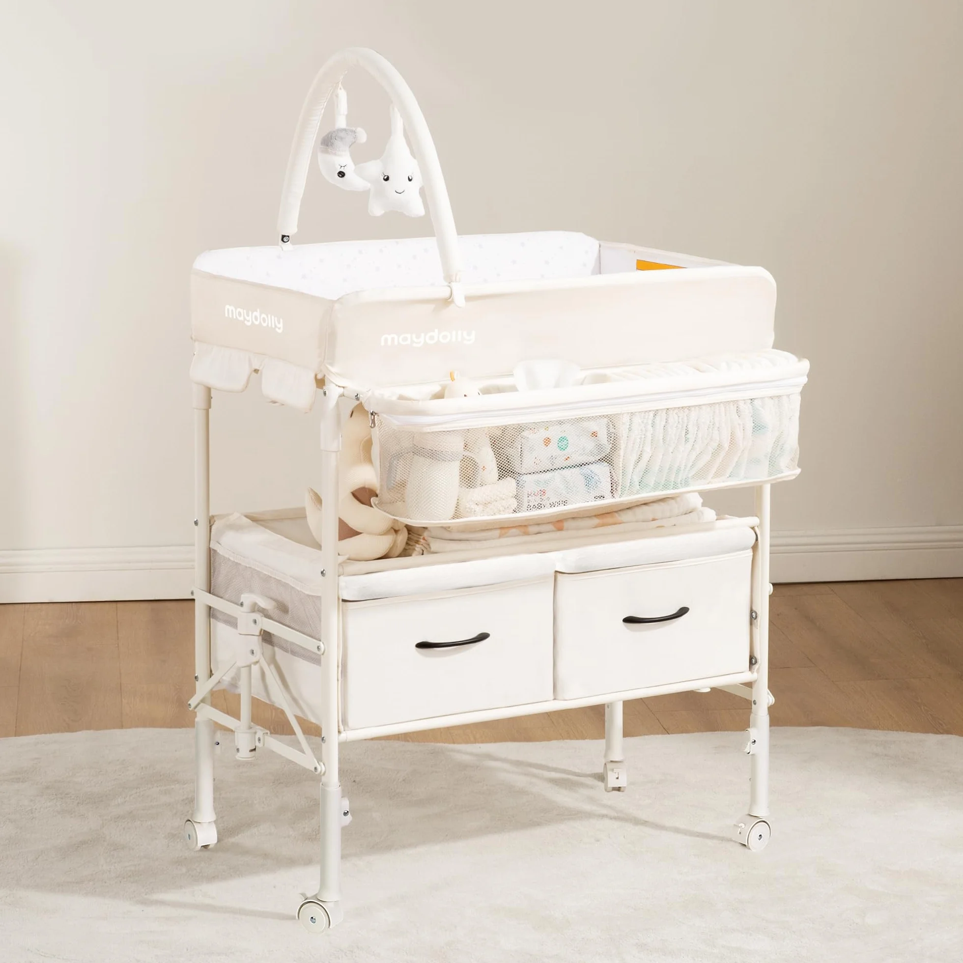 Maydolly Table à Langer Bébé Pliante Roulettes Hauteur Réglable Plan Mobile Matelas Imperméable Rangement Beige