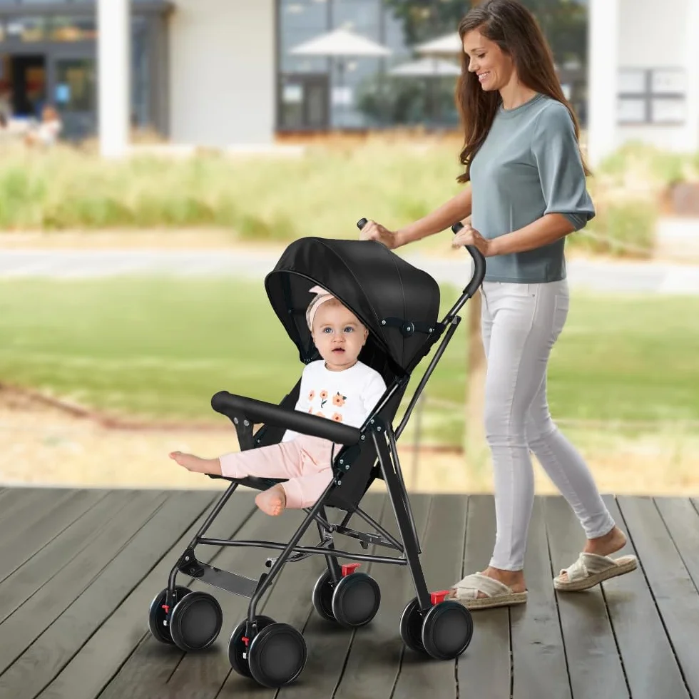 Poussette Canne Ultra Légère Compacte Pliable Inclinable Naissance à 25 kg avec Système Trolley Housse de Pluie Capote Extensible Noir