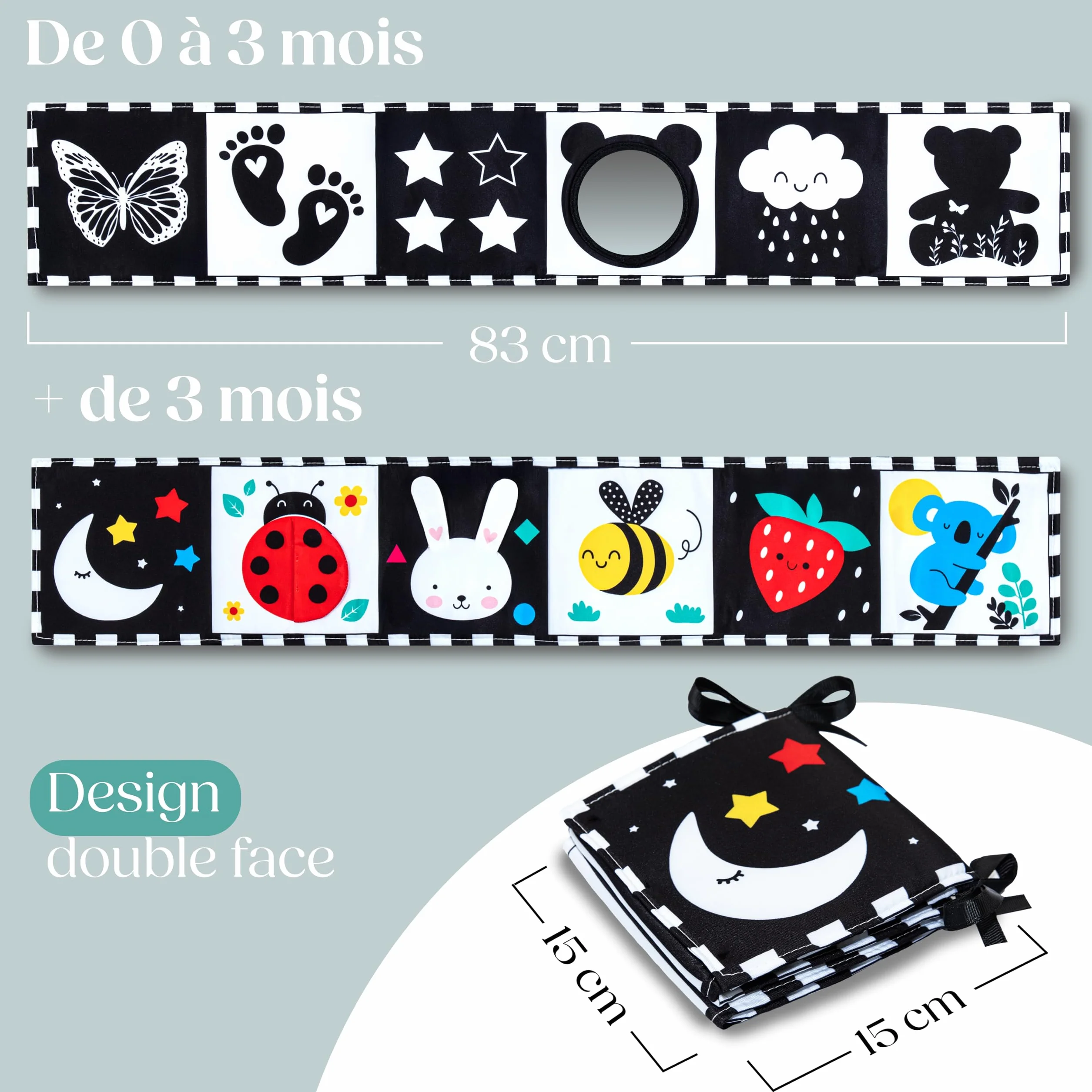 Livre Tissu Bébé Éveil 0-12 Mois Montessori Noir et Blanc Sensoriel Cadeau