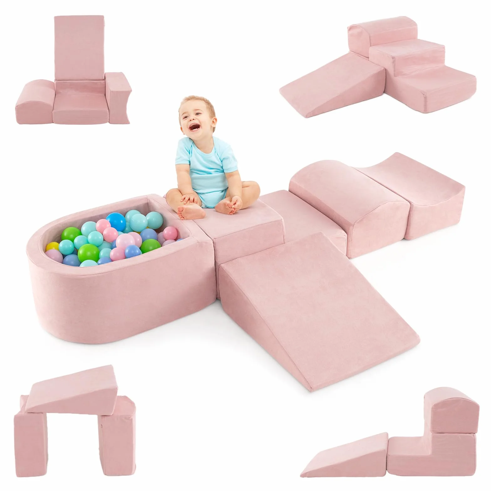 DREAMADE Parcours de motricité Bébé 5PCS avec Housse Lavable, Blocs de Construction avec Piscine à Balles, pour Enfant 3+ Ans (Rose)