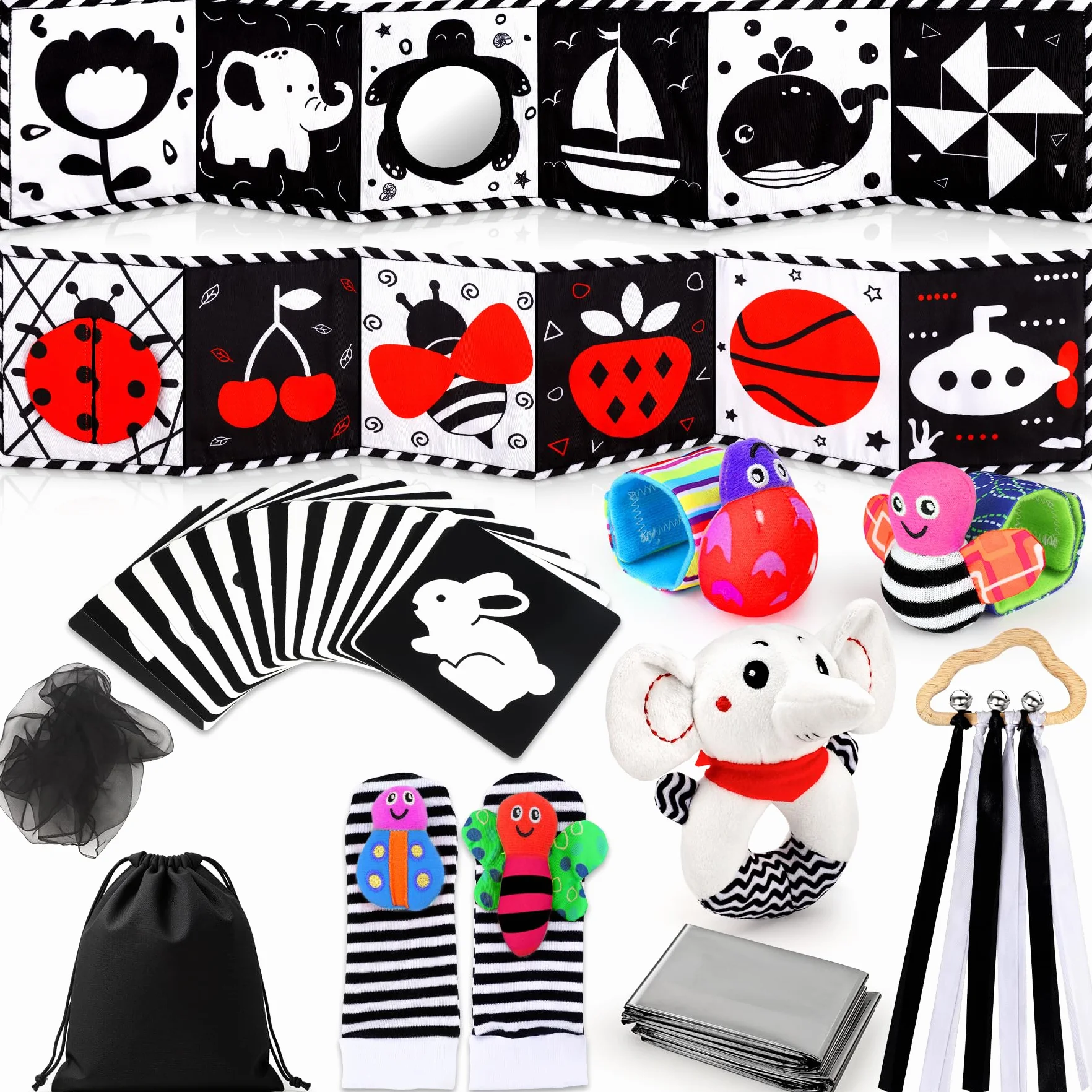 Livre Tissu Bébé Noir et Blanc 31 PCS 0-12 Mois Jouet Hochet Montessori Haute Contraste