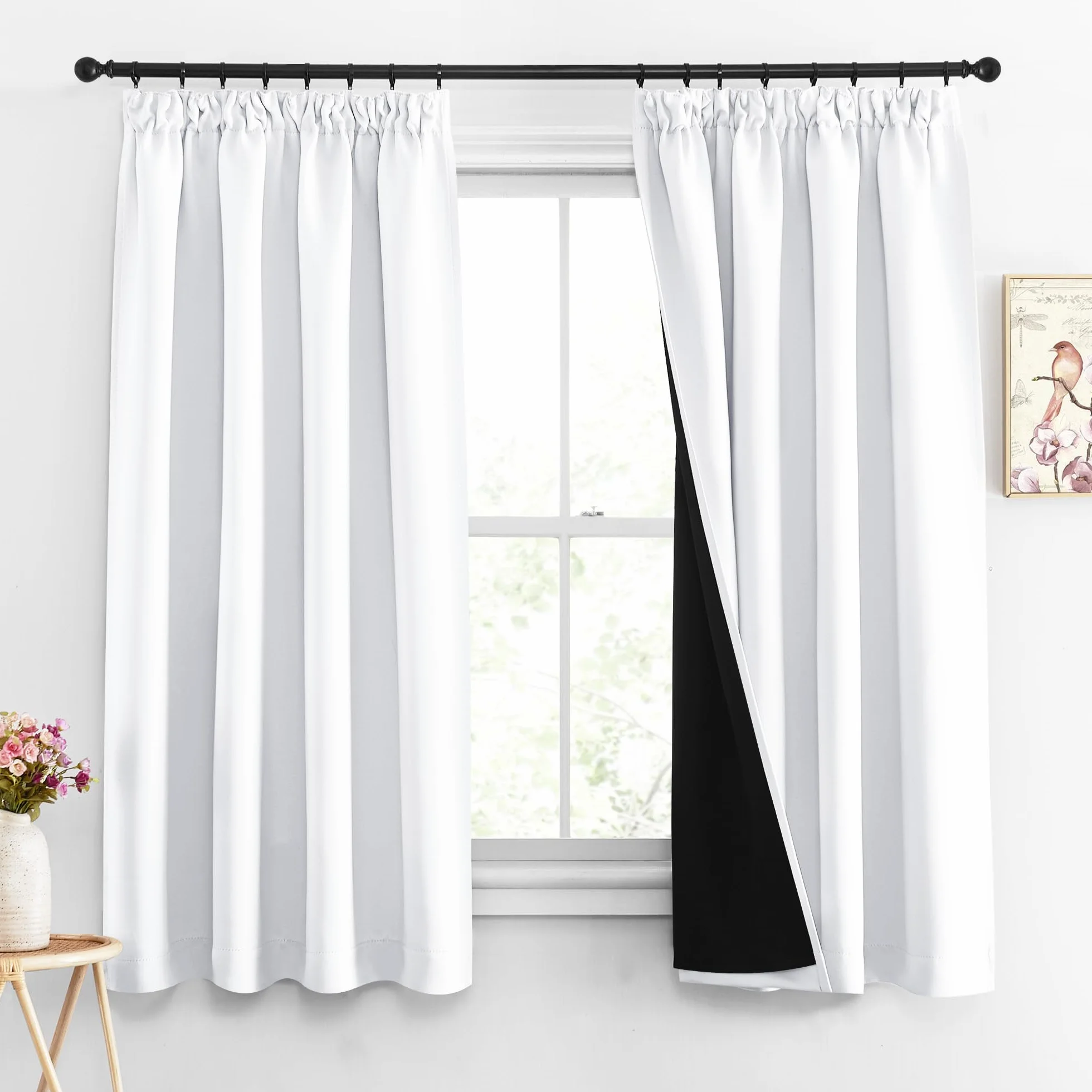 PONY DANCE Rideaux Occultant Blanc Pur L140 x H145cm 2 Pièces Doublure Noire