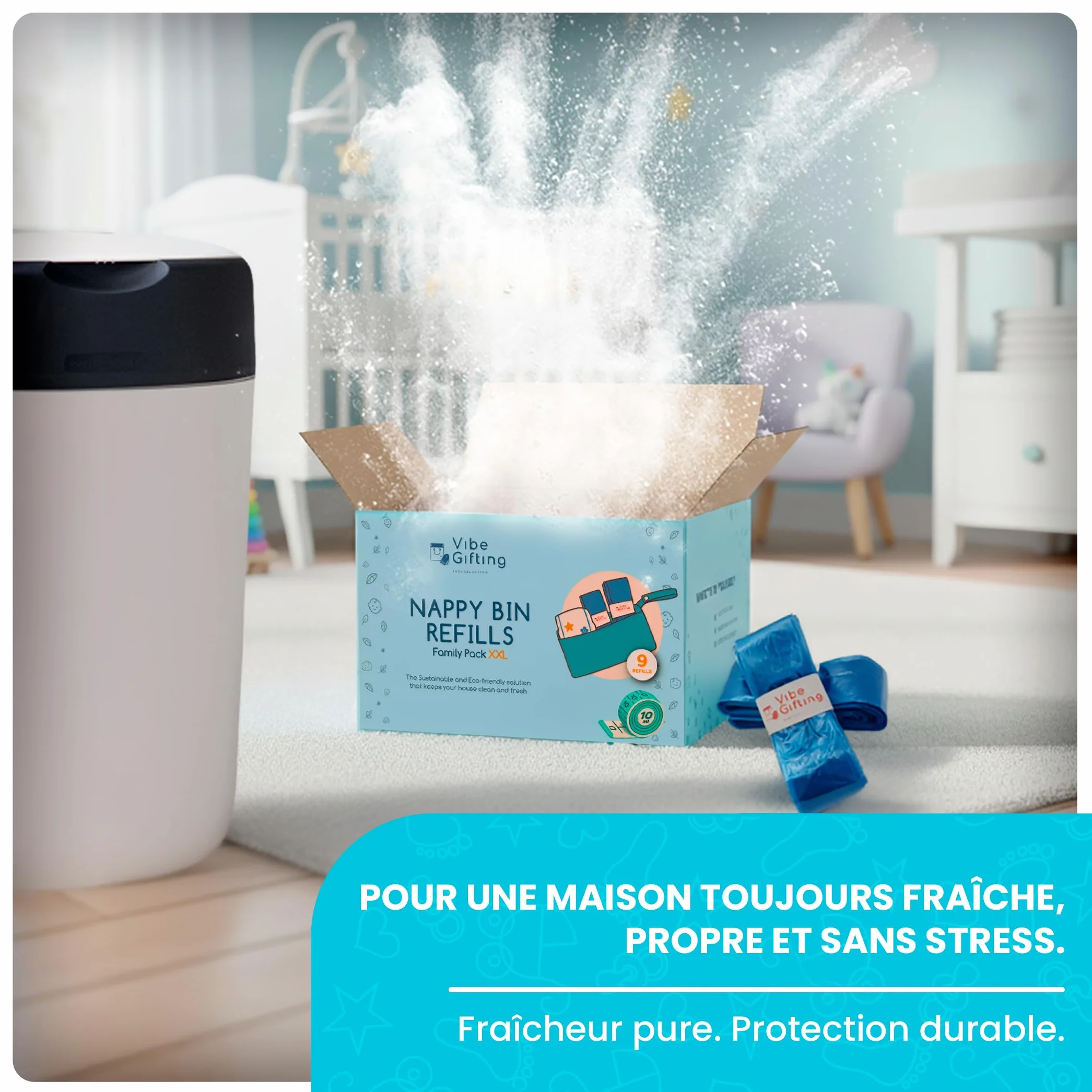 VibeGifting® Pack XXL-9 Recharge Poubelle à Couche 10 m Compatible Tommee Tippee Angelcare Antibactérien Parfumé Anti-Odeur Sans BPA Recyclé